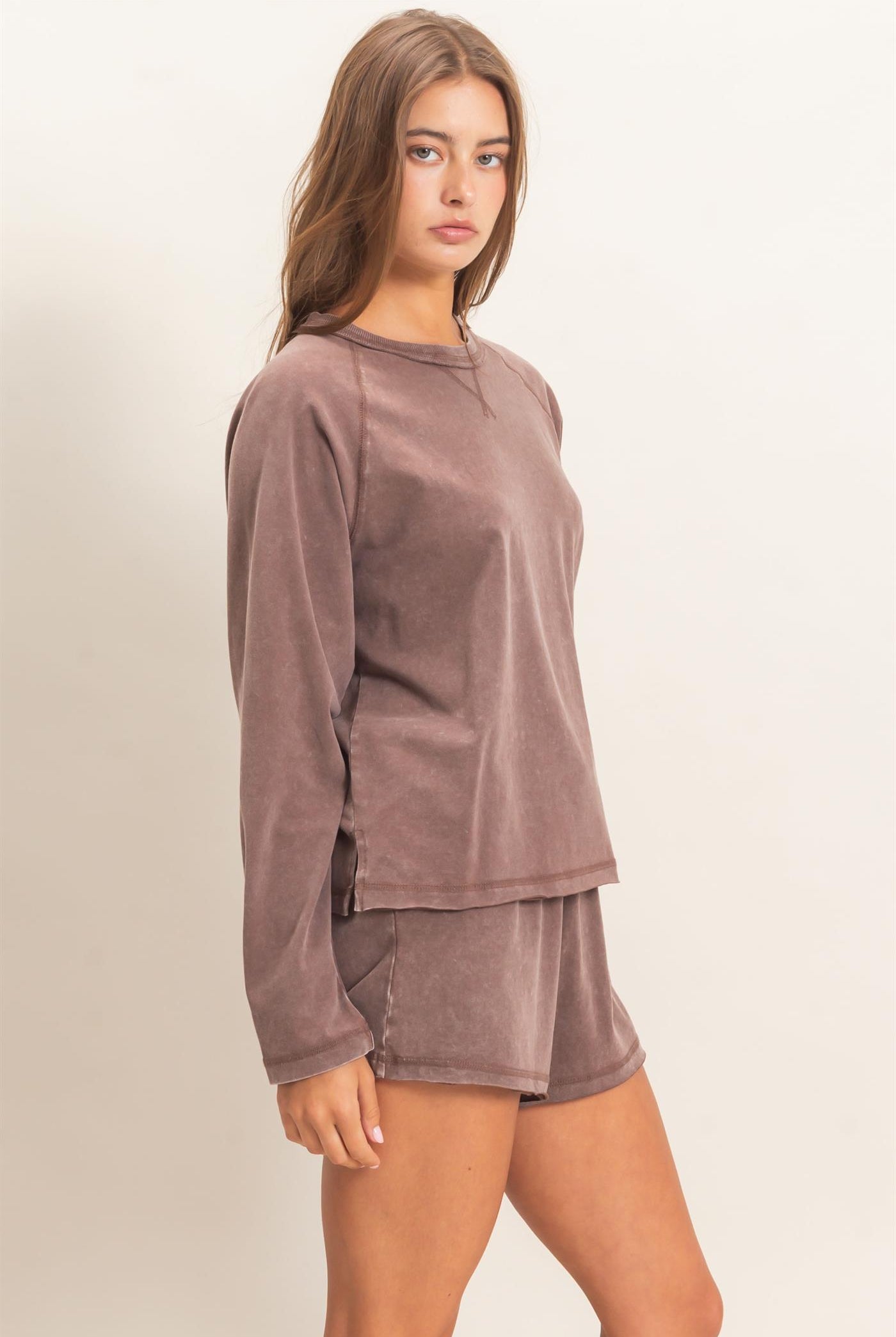 Wholesale Mineral Wash Long Sleeve Raw Edge Top & Shorts Set Clothing DZ26F403-SET DARK BROWN DOUBLE ZERO