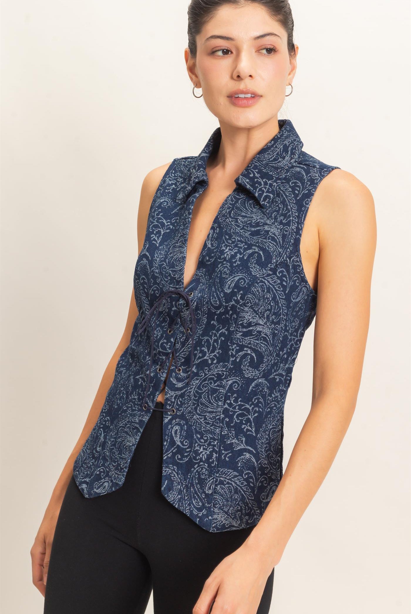 Wholesale Paisley Lace-Up Vest Clothing Tops HF26E171 NAVY HYFVE