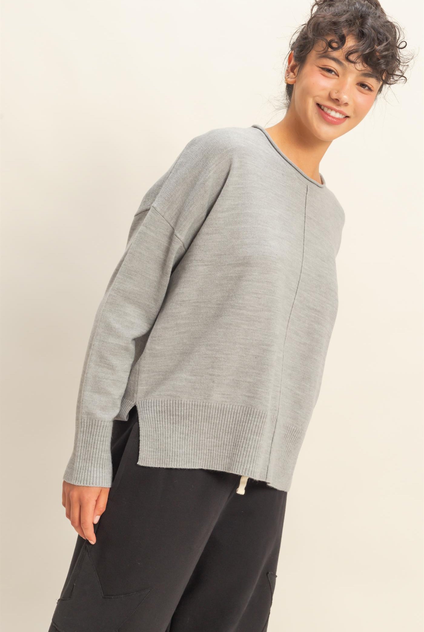 Wholesale Not A Player Roll Neck Drop Shoulder Sweater Sweaters DZ25C938 HEATHER GRAY DOUBLE ZERO