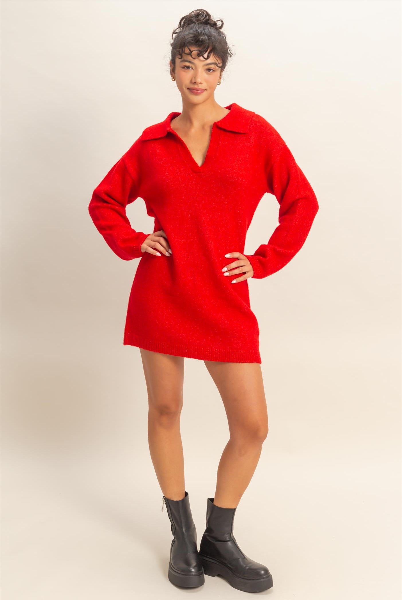 Wholesale Sophisticated Polo Long Sleeve Sweater Dress Dresses DZ25E838 RED DOUBLE ZERO