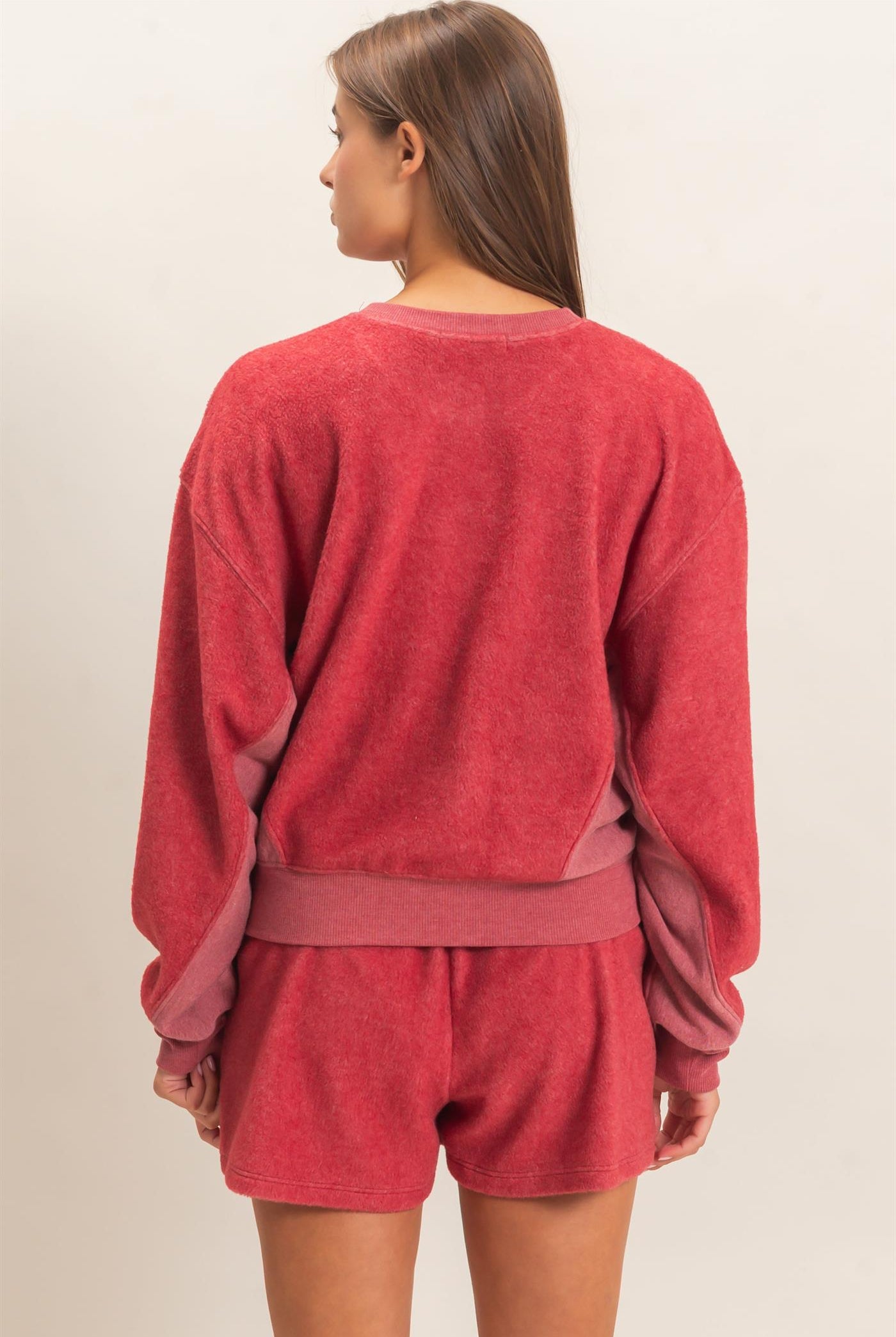 Wholesale Contrast Sweatshirt & Shorts Set Clothing DZ25F478-SET DARK RED DOUBLE ZERO
