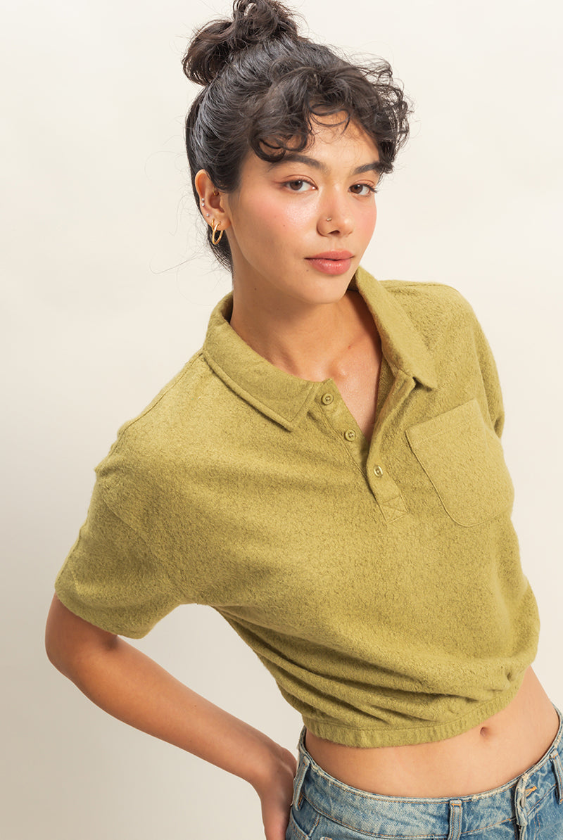 Wholesale Collared Short Sleeve Crop Top Clothing Tops DZ22A477 MOSS DOUBLE ZERO