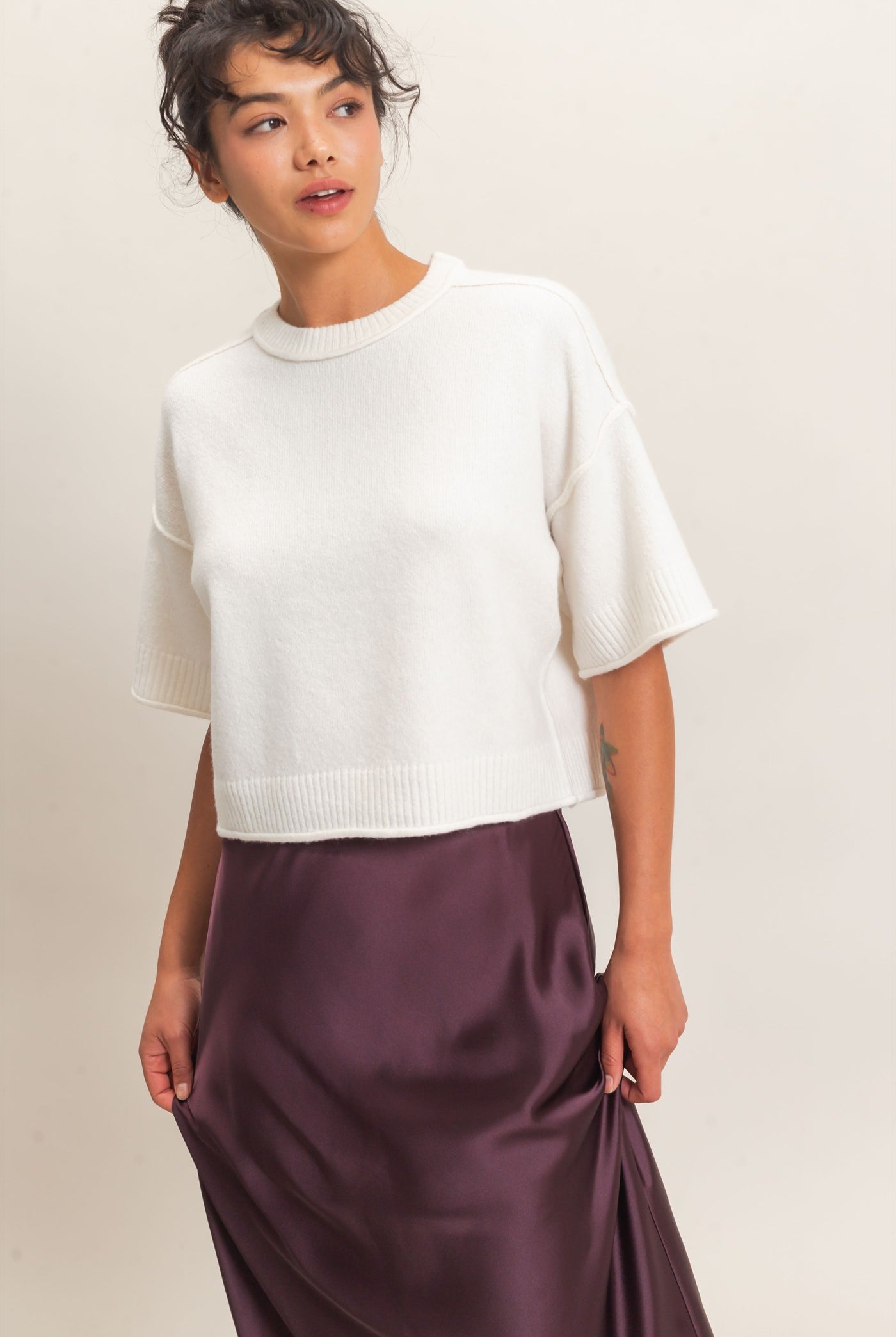 Wholesale Seam Detail Short Sleeve Knit Top Clothing Tops DZ26A827 WHIP CREAM DOUBLE ZERO