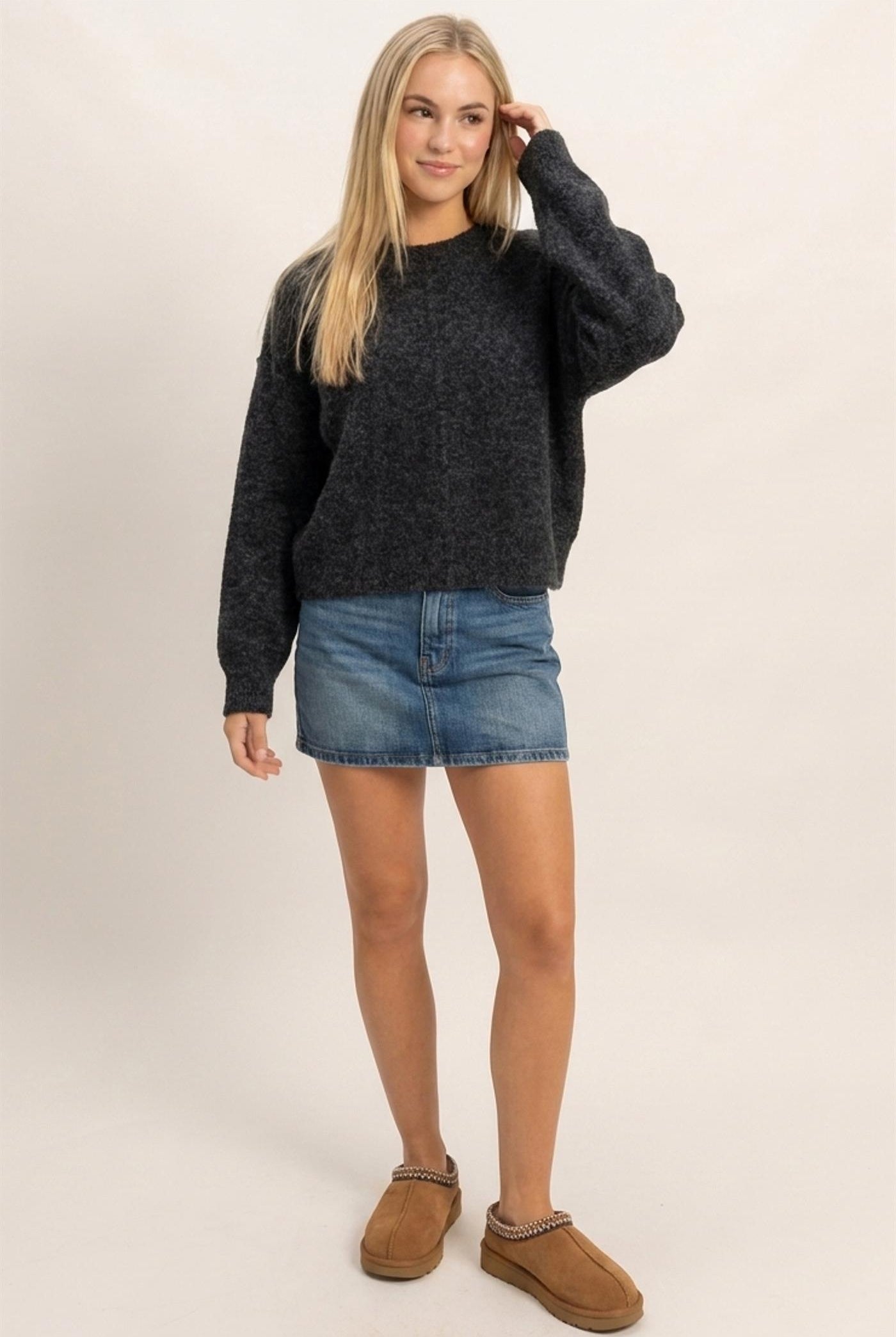Wholesale Crew Neck Seam Detail Sweater Sweaters DZ26E240 BLACK DOUBLE ZERO