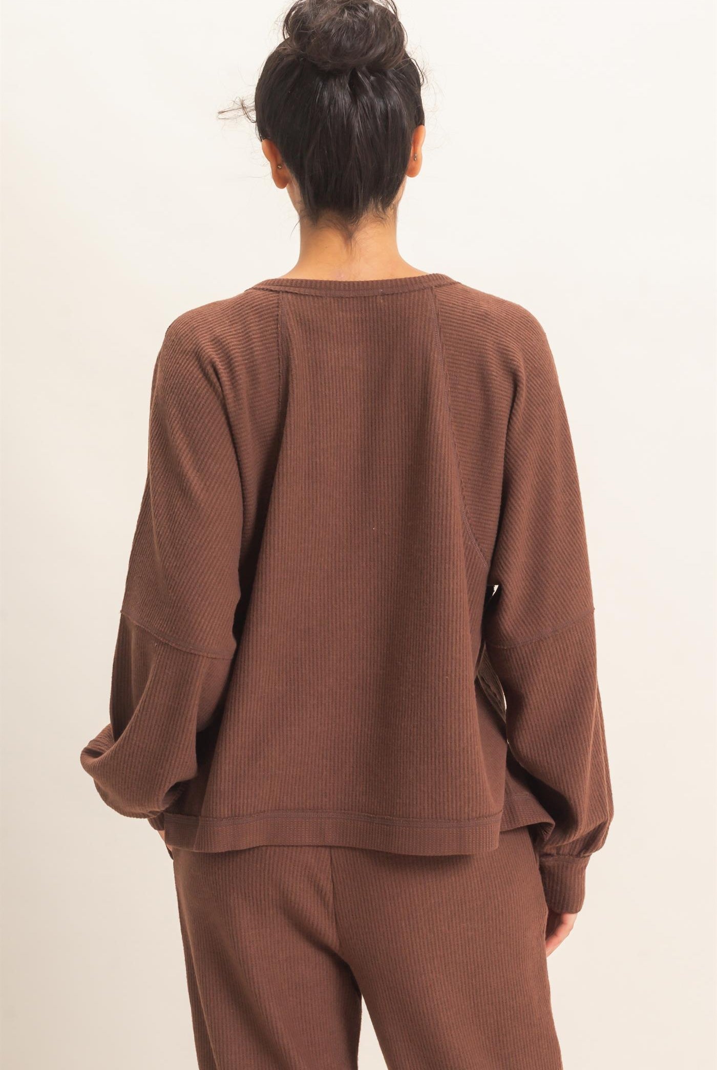 Wholesale Brushed Waffle Long Sleeve Top Clothing Tops DZ26F312 DARK BROWN DOUBLE ZERO