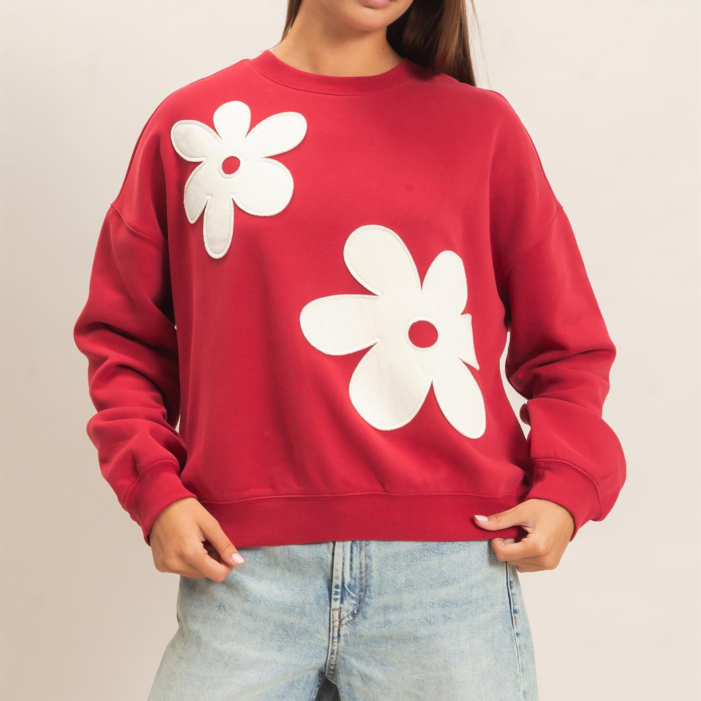 Wholesale Floral Applique Crew Neck Sweatshirt Sweatshirts DZ26E708 DARK RED DOUBLE ZERO