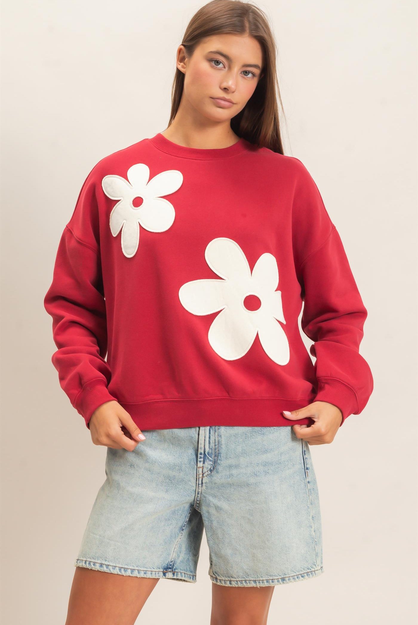 Wholesale Floral Applique Crew Neck Sweatshirt Sweatshirts DZ26E708 DARK RED DOUBLE ZERO