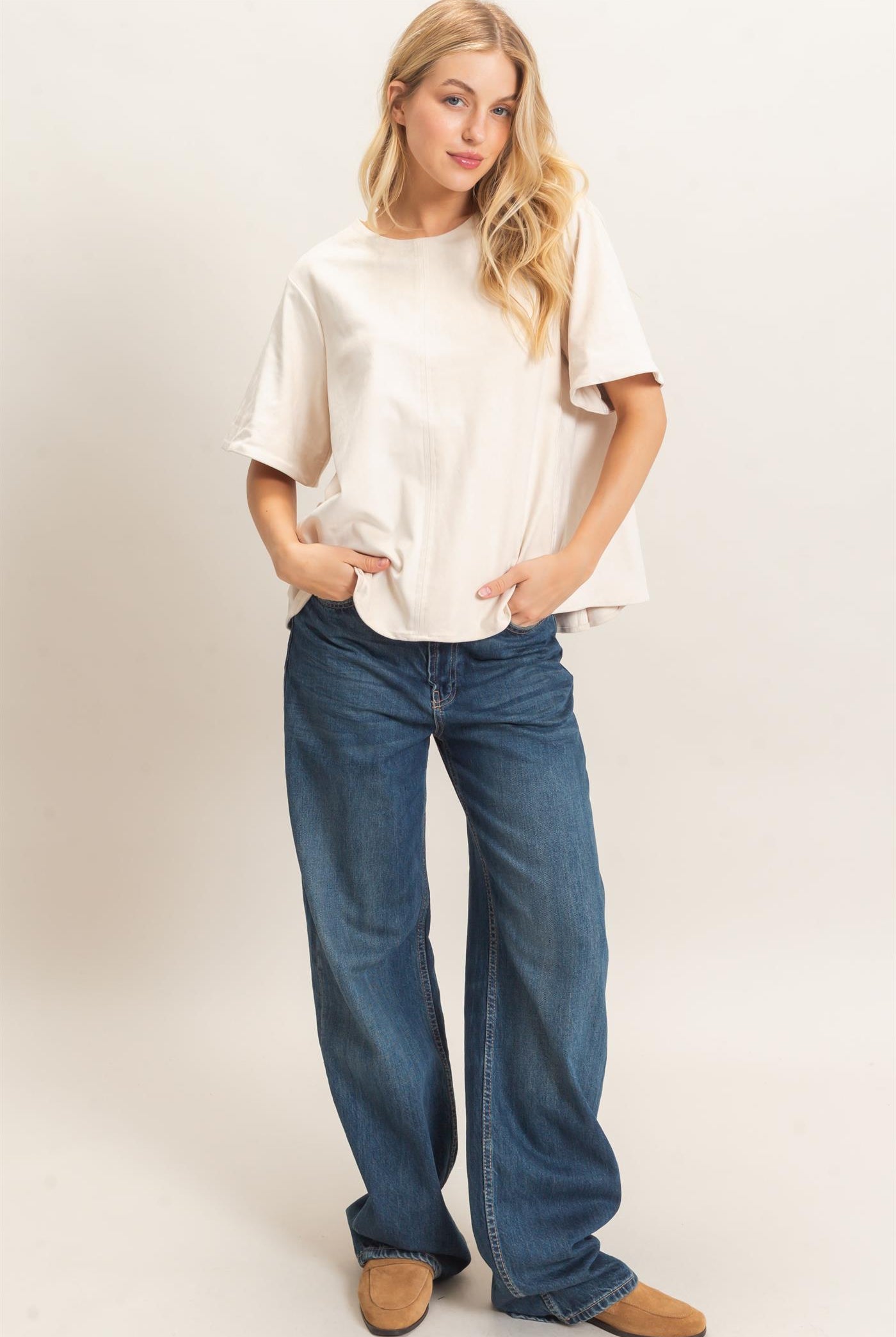 Wholesale Suede Boat Neck Top Clothing Tops HF26E351 CREAM HYFVE