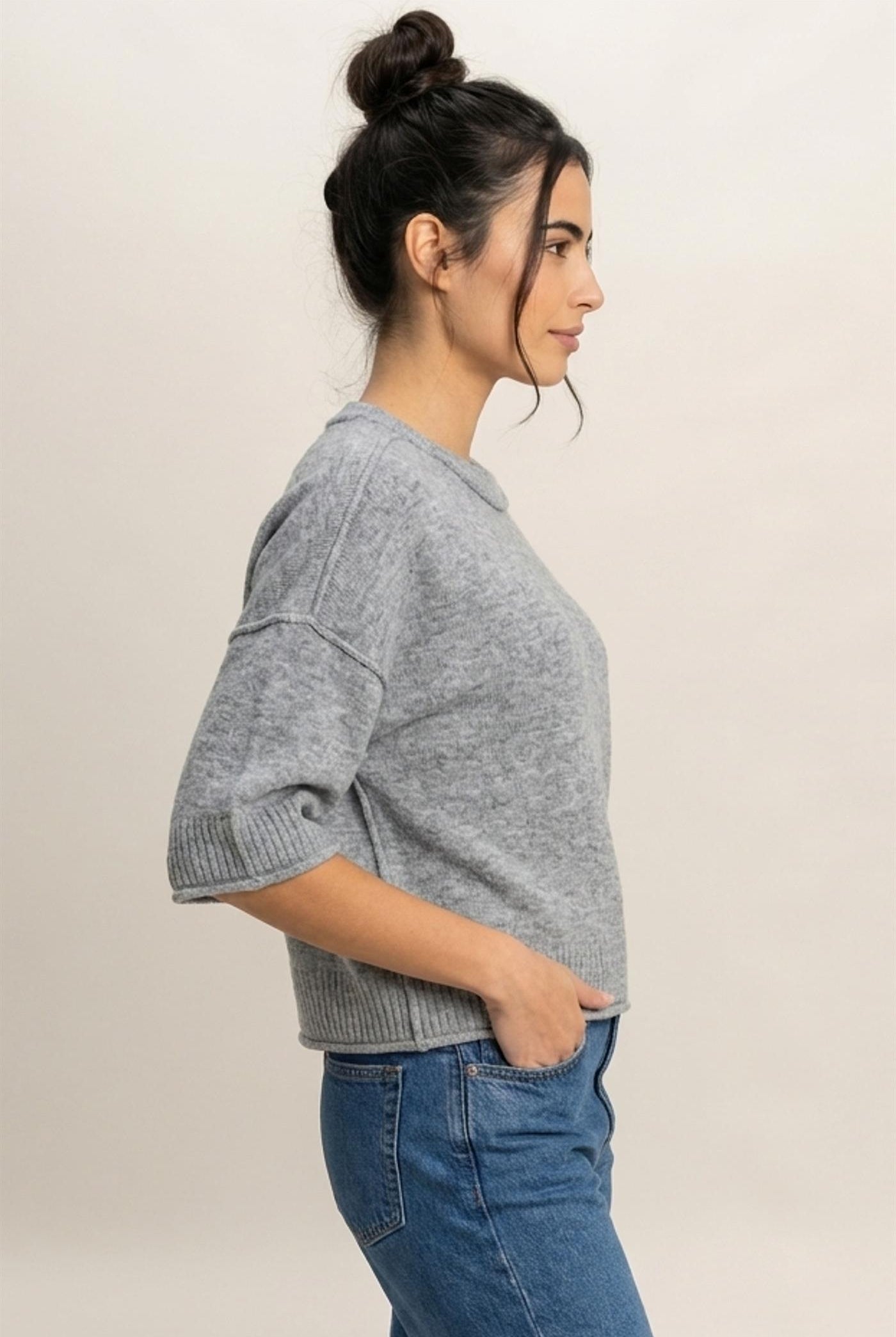Wholesale Seam Detail Short Sleeve Knit Top Clothing Tops DZ26A827 HEATHER GRAY DOUBLE ZERO