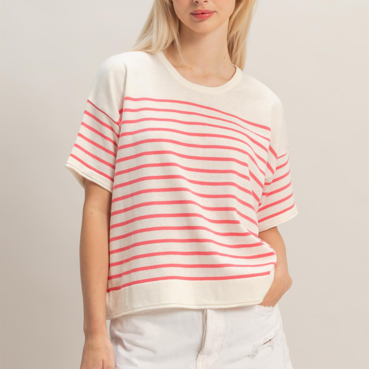 Wholesale Striped Short Sleeve Knit Top Clothing Tops DZ26A838 PINK DOUBLE ZERO