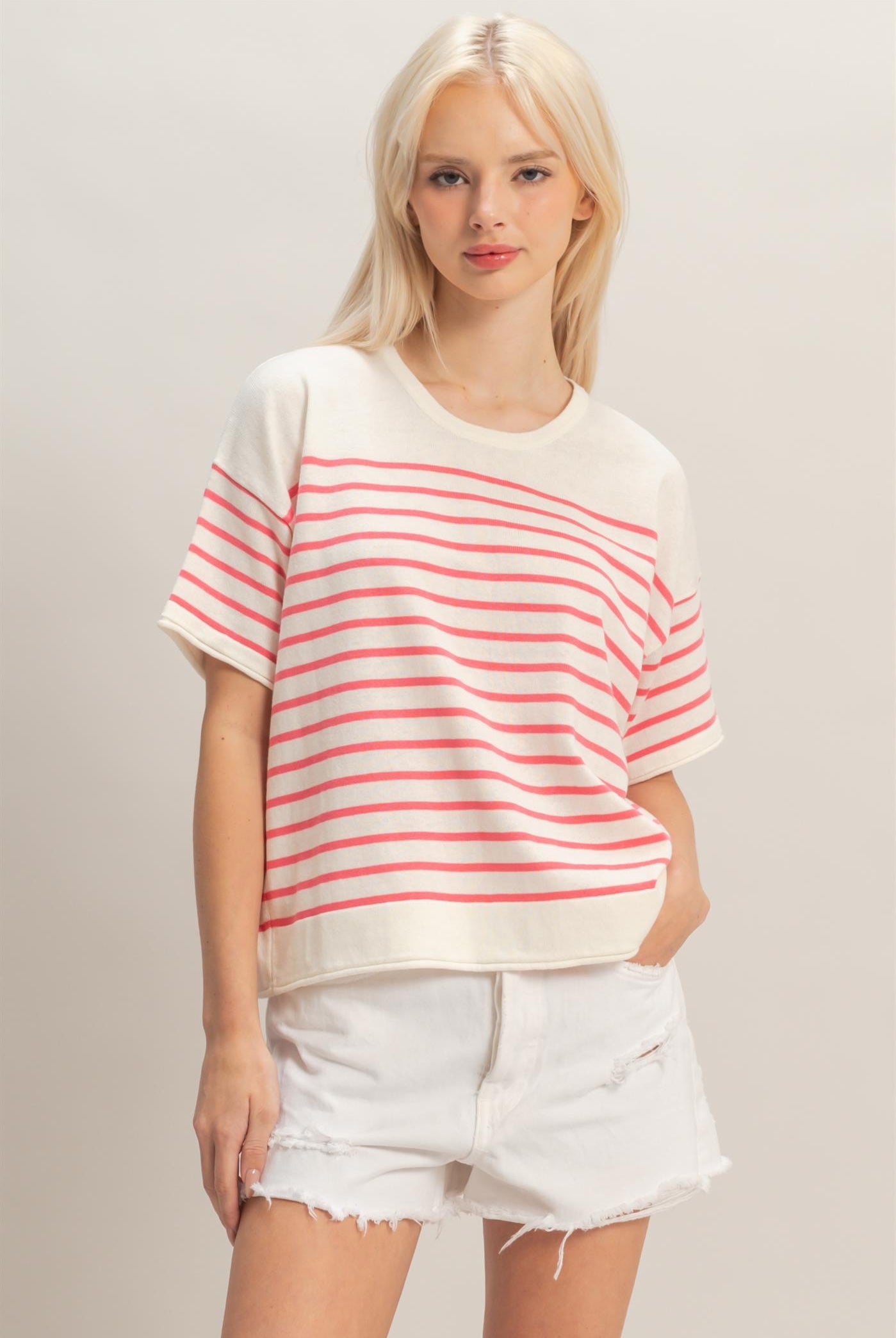 Wholesale Striped Short Sleeve Knit Top Clothing Tops DZ26A838 PINK DOUBLE ZERO