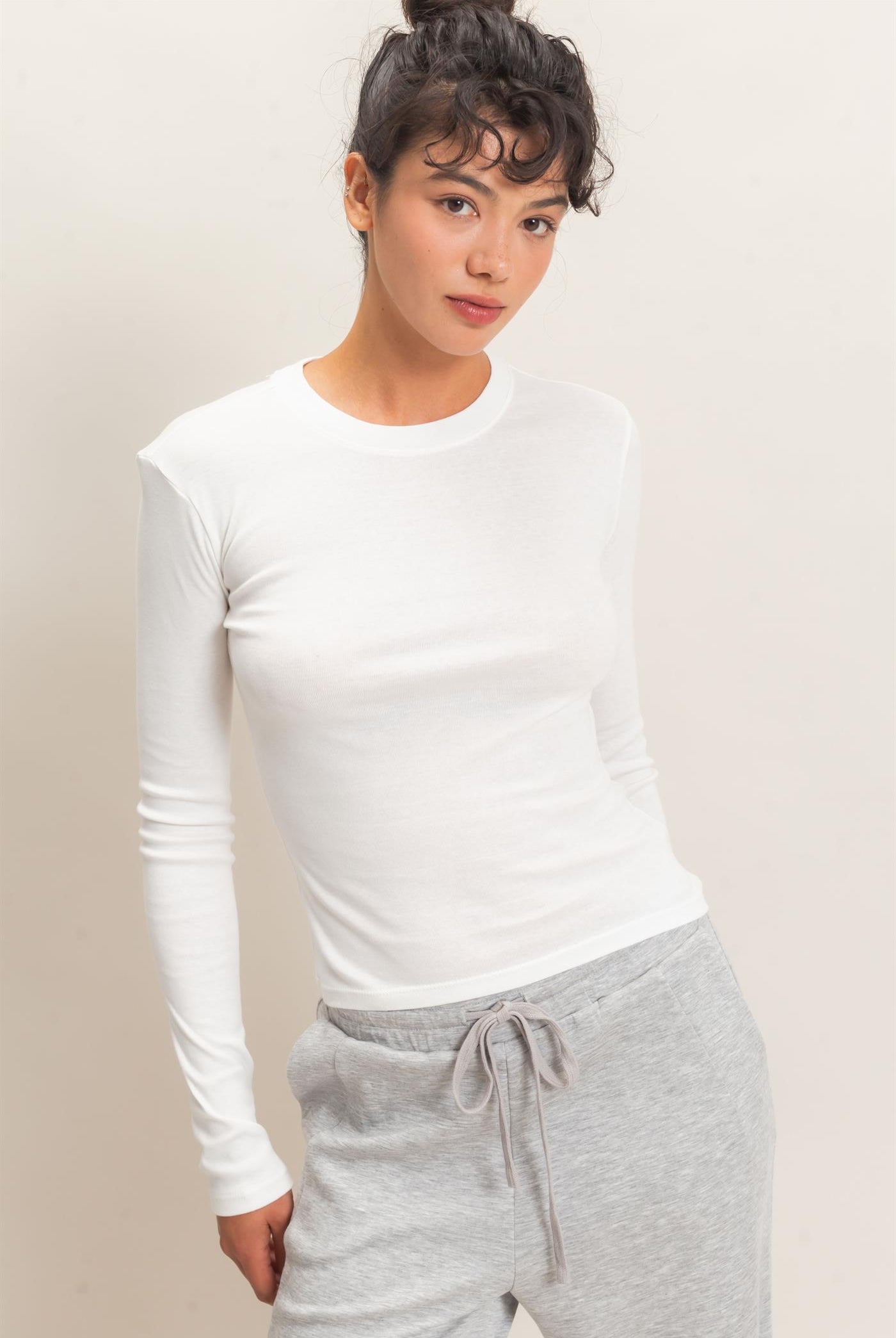 Wholesale Crew Neck Long Sleeve Top Clothing Tops DZ26E184 WHITE DOUBLE ZERO