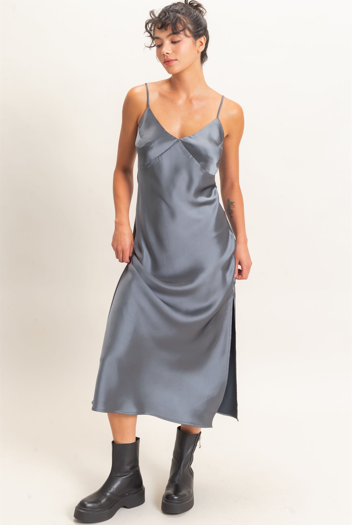 Wholesale Satin V-Neck Slip Dress Dresses DZ26E262 DARK GRAY DOUBLE ZERO