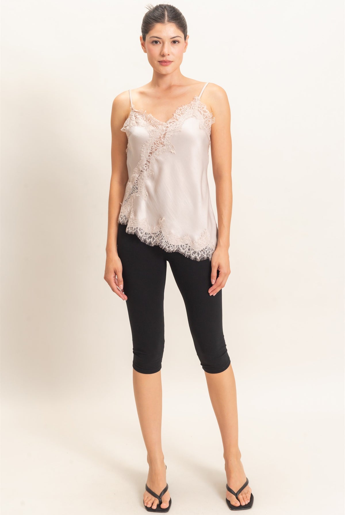 Wholesale Asymmetrical Satin Lace Top Camisoles HF26C945-D CHAMPAGNE BEIGE HYFVE