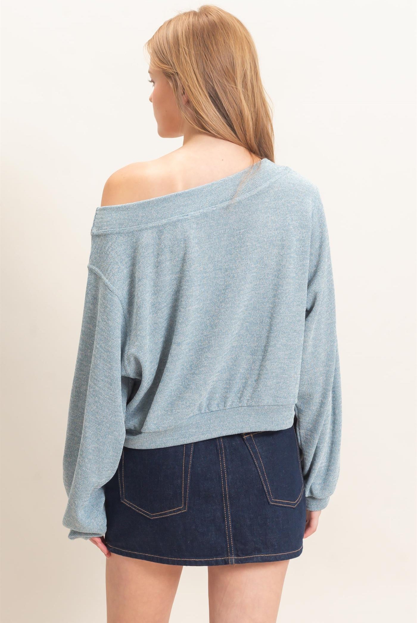 Wholesale Off Shoulder Knit Sweatshirt Blouses HF26F028 BLUE HYFVE