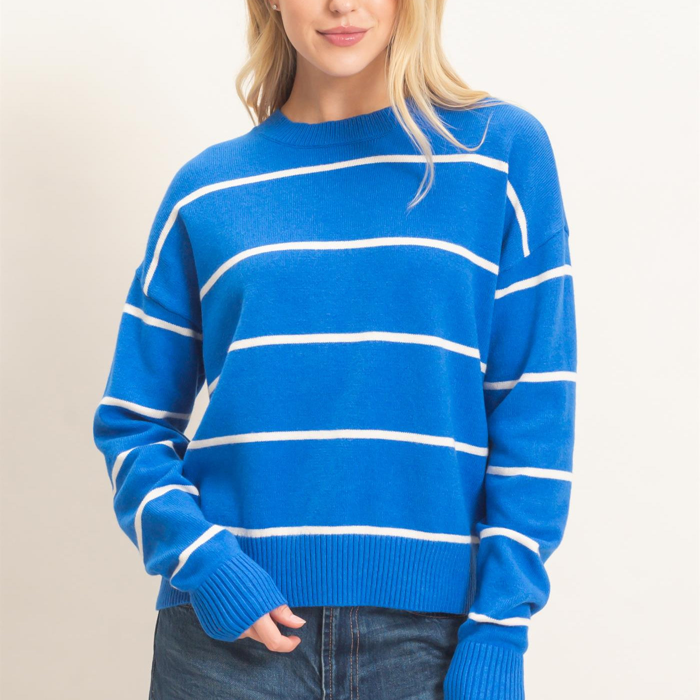 Wholesale Striped Ribbed Crew Neck Sweater Sweaters HF26F169 BLUE HYFVE