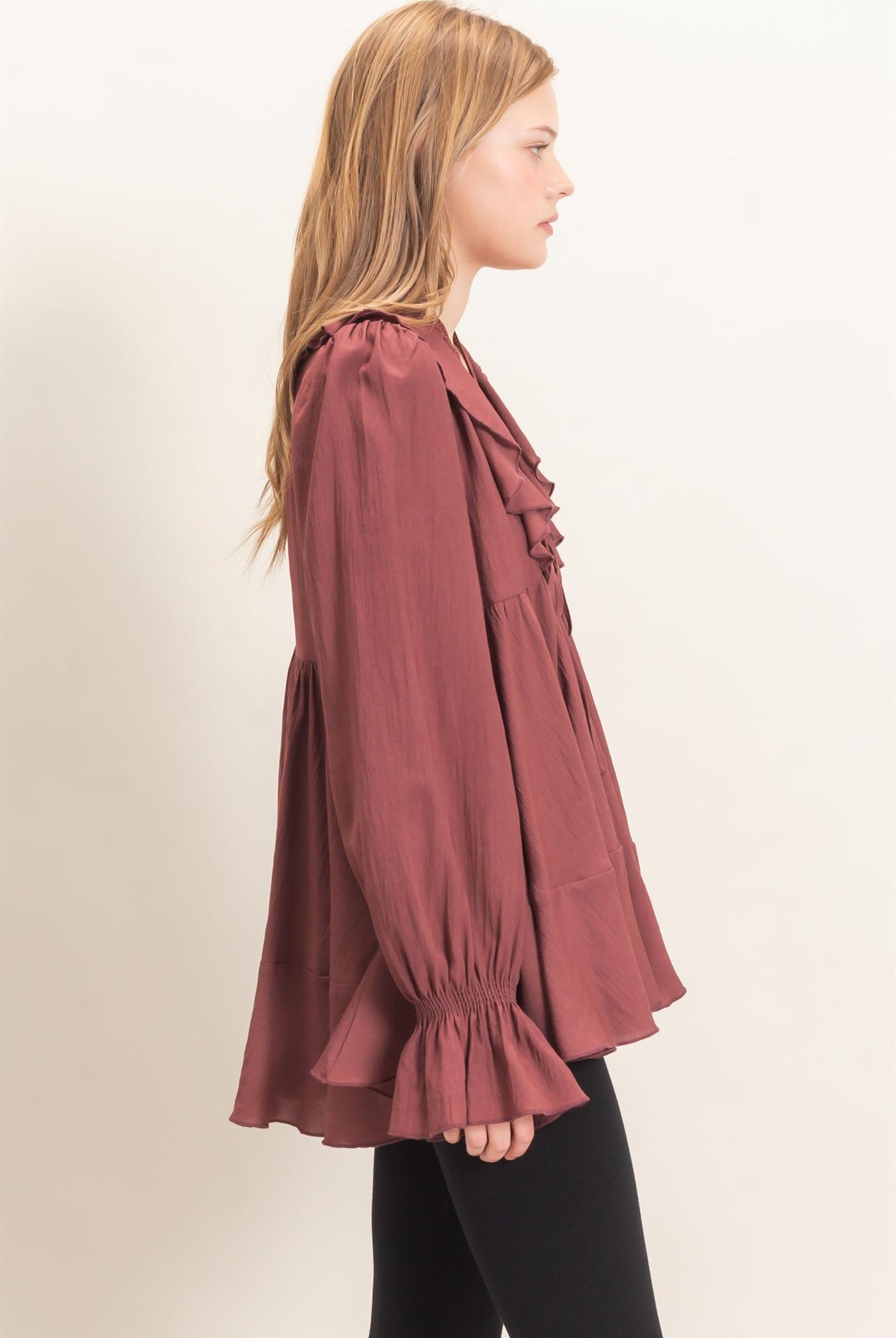 Wholesale Ruffle Lace Tie Neck Blouse Tunics HF26E642 MAROON HYFVE