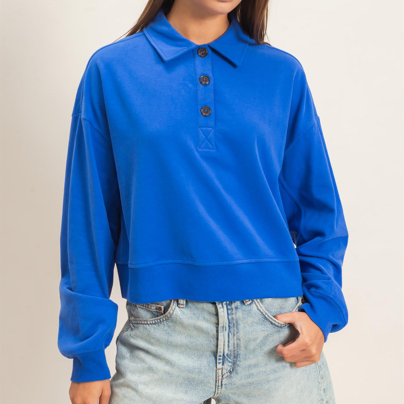 Wholesale Washed Button-Front Collared Sweatshirt Sweatshirts DZ26E390 COBALT DOUBLE ZERO