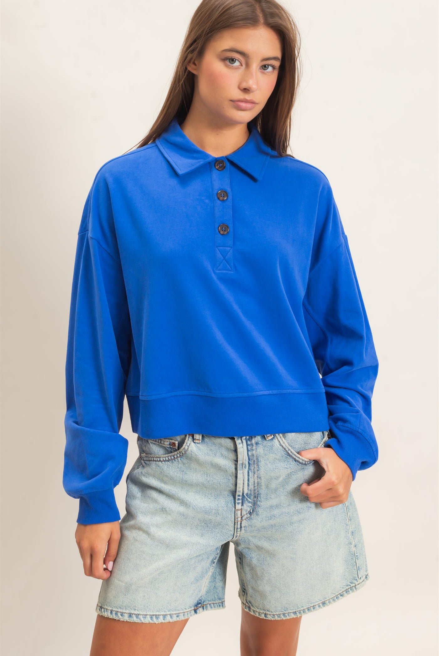 Wholesale Washed Button-Front Collared Sweatshirt Sweatshirts DZ26E390 COBALT DOUBLE ZERO