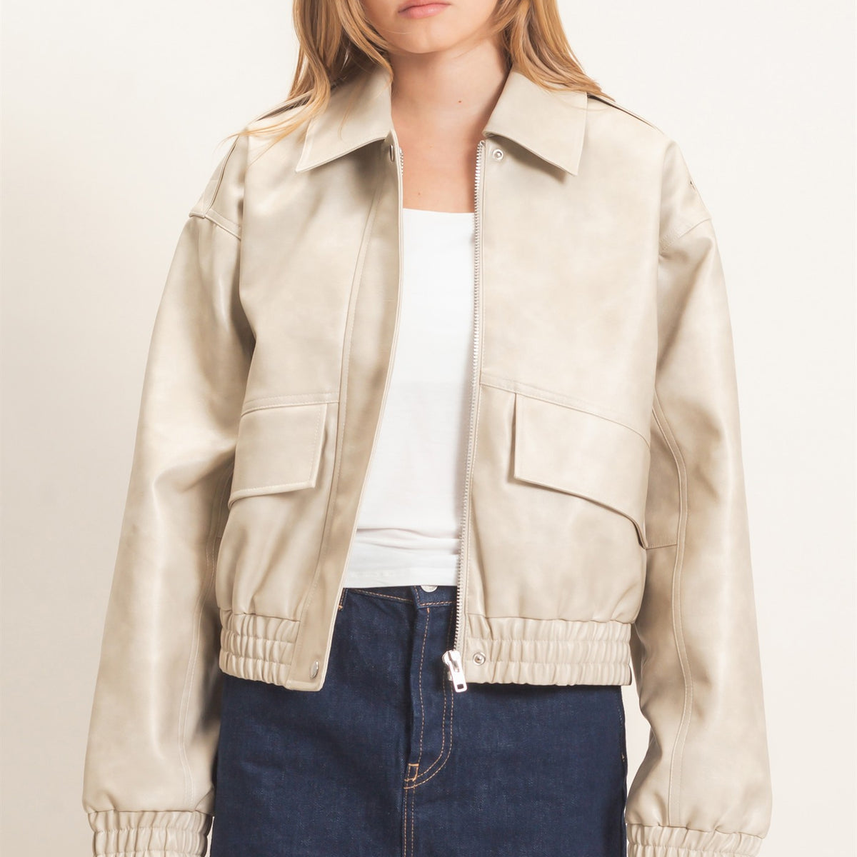 Wholesale Faux Leather Collared Bomber Jacket Bomber Jackets HF26C847 ECRU HYFVE