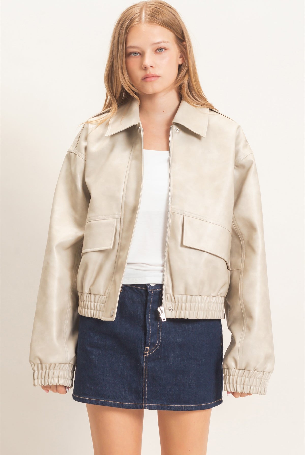 Wholesale Faux Leather Collared Bomber Jacket Bomber Jackets HF26C847 ECRU HYFVE