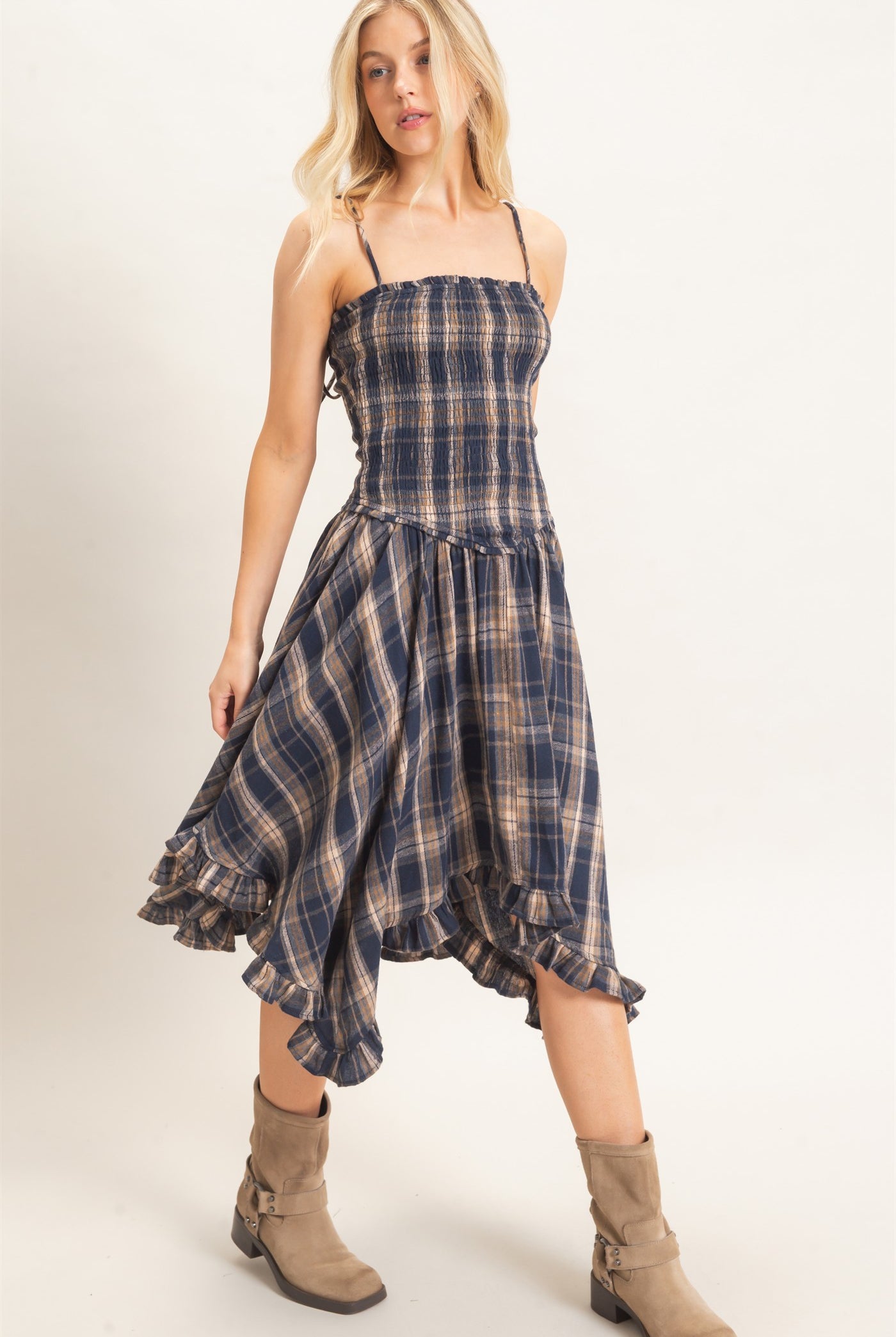 Wholesale Plaid Smocked Spaghetti Strap Dress Dresses HF26F211 NAVY HYFVE