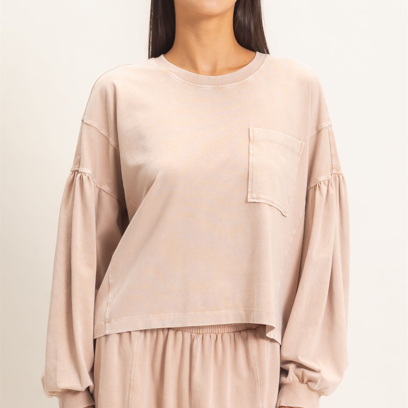 Wholesale Mineral Wash Puff Long Sleeve Boxy Top Clothing Tops DZ26F402 DARK TAUPE DOUBLE ZERO