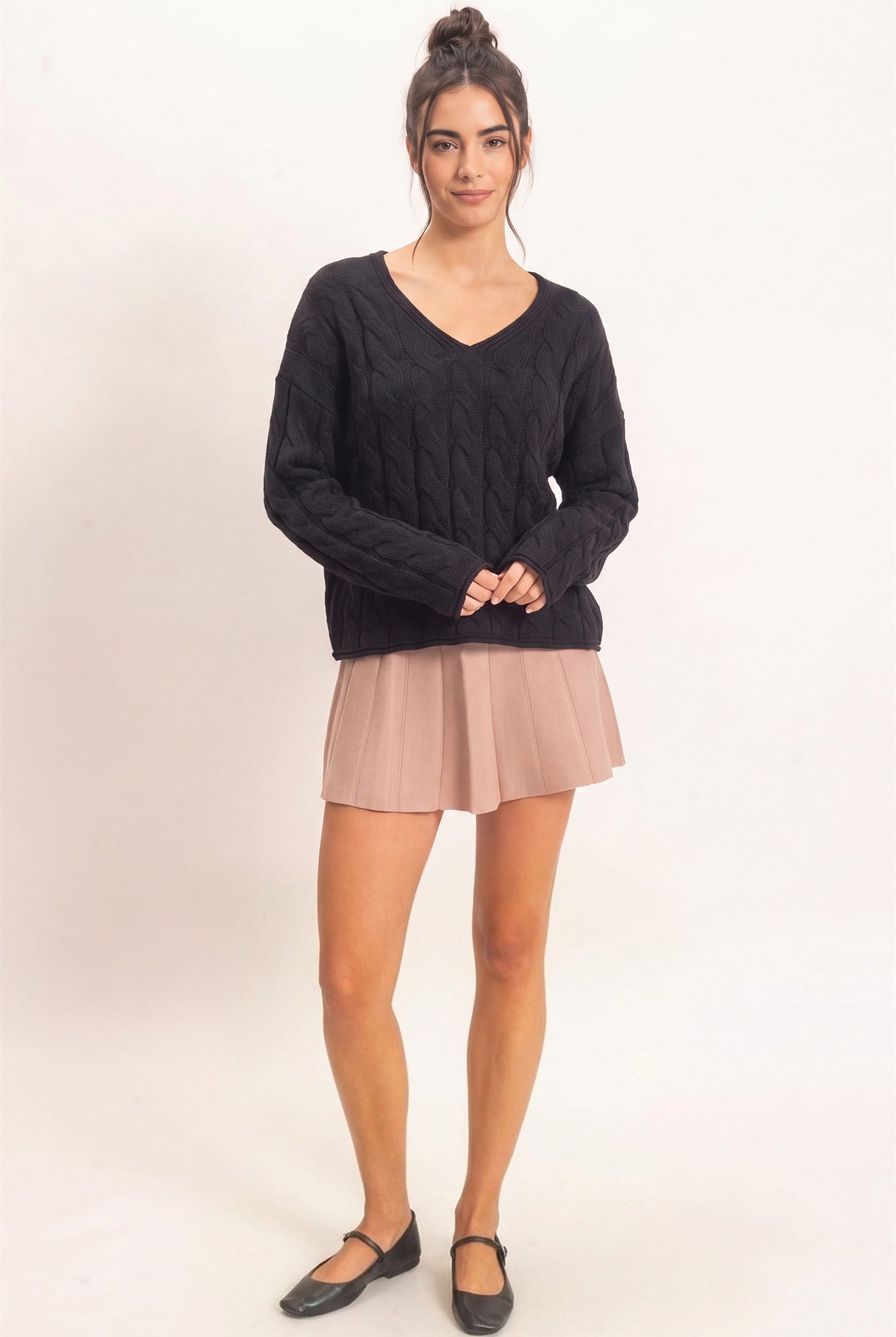 Wholesale Cable Knit V-Neck Sweater Sweaters DZ26E087 BLACK DOUBLE ZERO