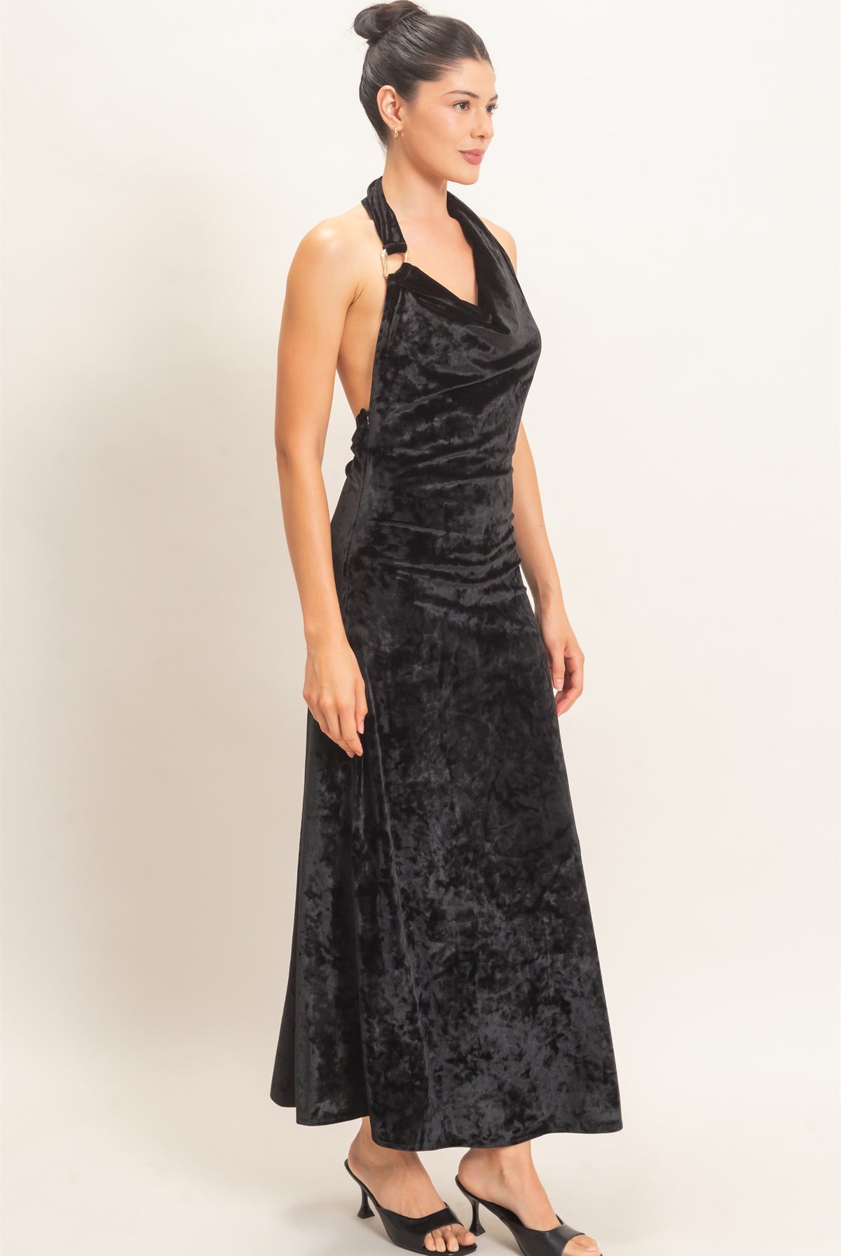 Wholesale Velvet Cowl Neck Halter Dress Dresses HF26F178 BLACK HYFVE