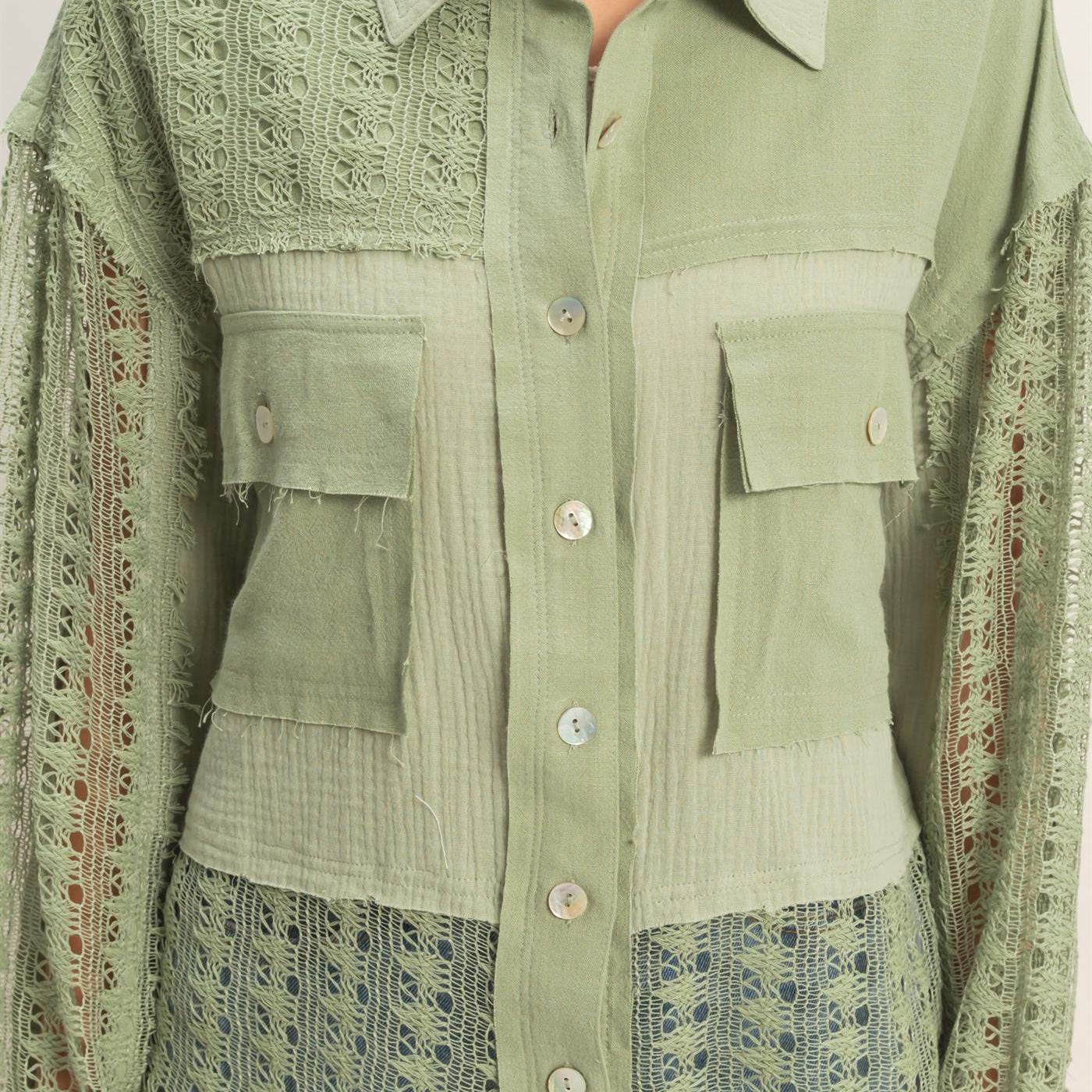 Wholesale Lace Panel Button-Up Shirt Shirts HF26C315 LIGHT OLIVE HYFVE