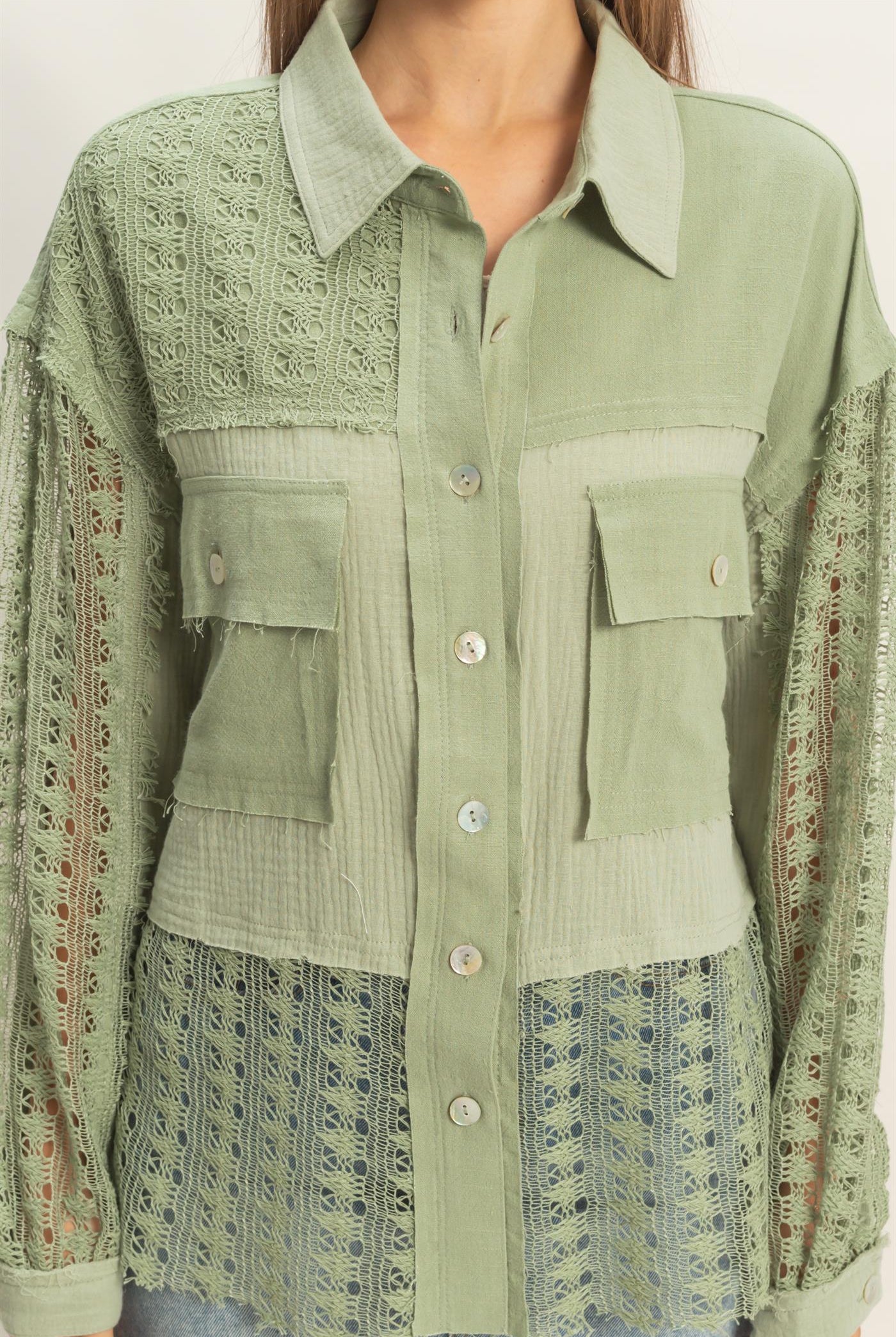 Wholesale Lace Panel Button-Up Shirt Shirts HF26C315 LIGHT OLIVE HYFVE