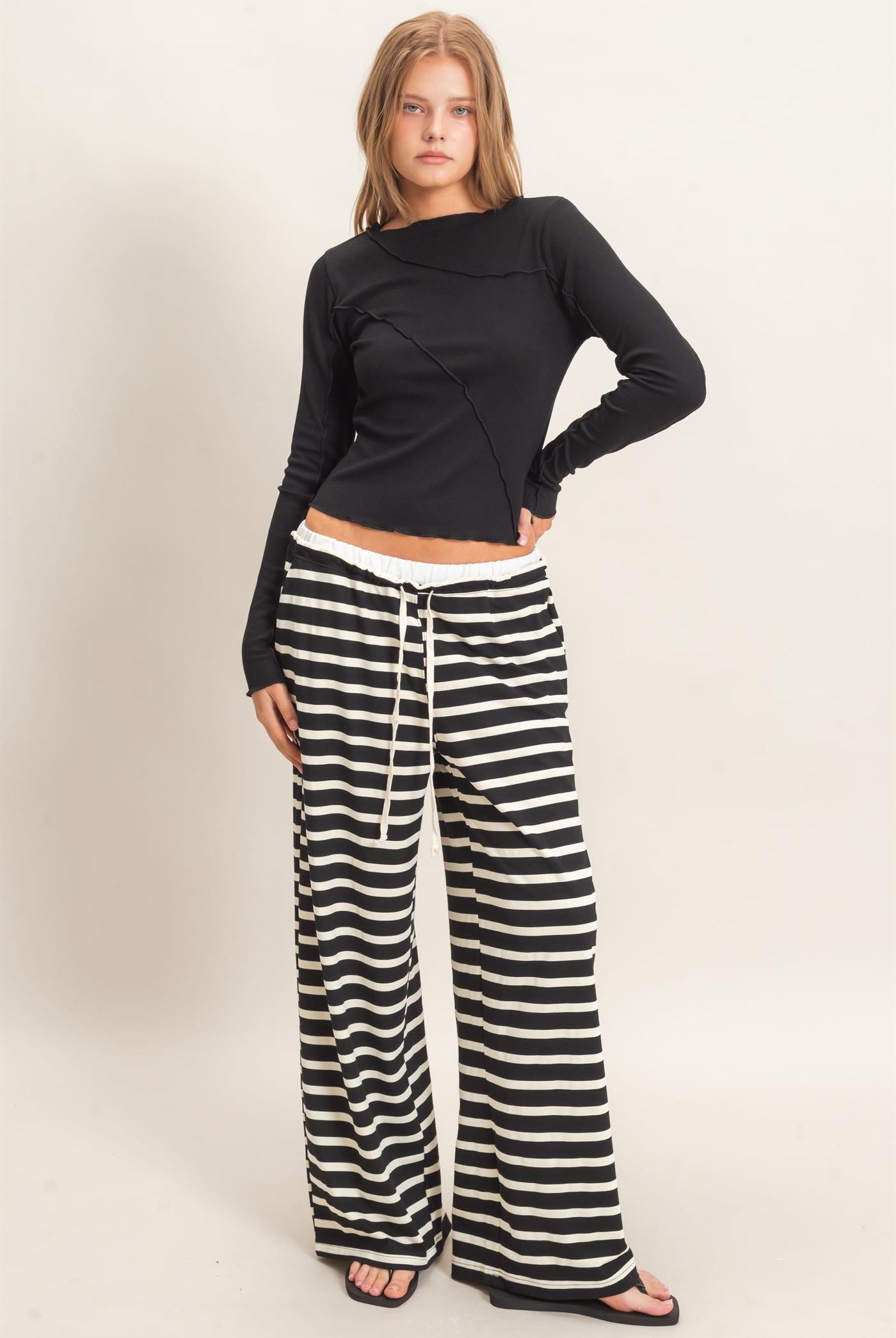 Wholesale Striped Wide-Leg Pants Pants HF26F229-D BLACK/ CREAM HYFVE