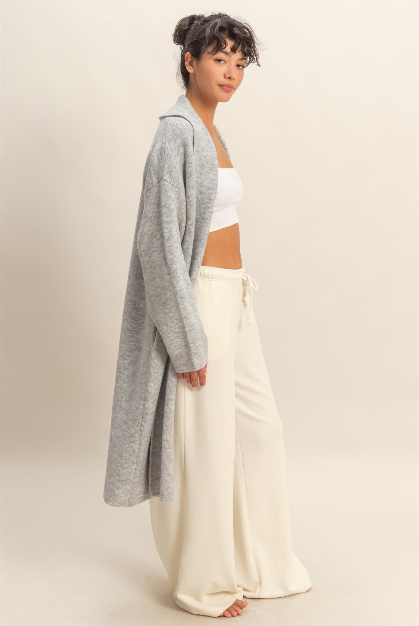 Wholesale Longline Open Front Duster Sweater Cardigans DZ25F435 HEATHER GRAY DOUBLE ZERO