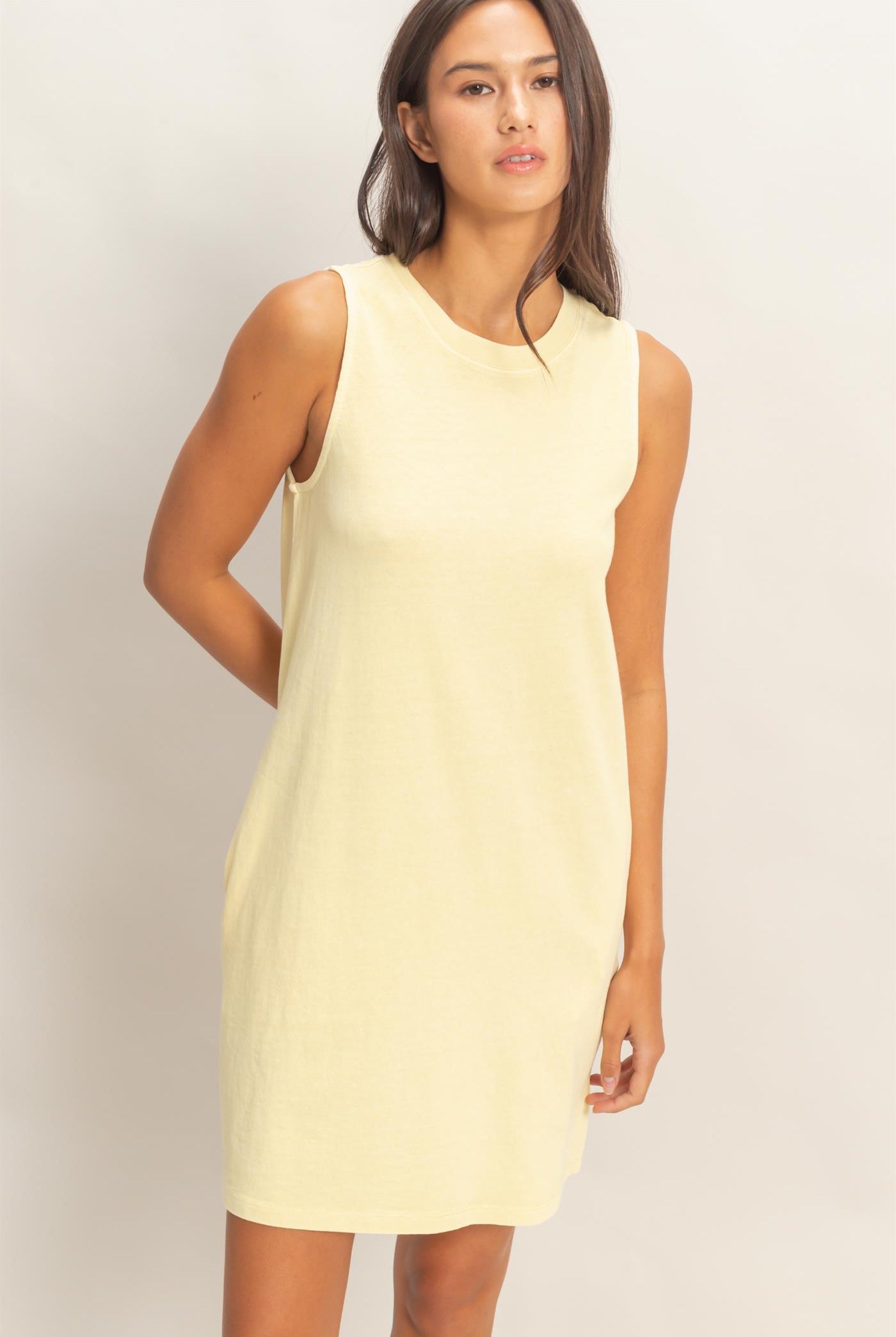 Wholesale Pigment Dyed Sleeveless Mini Dres Dresses DZ26A745 PALE YELLOW DOUBLE ZERO