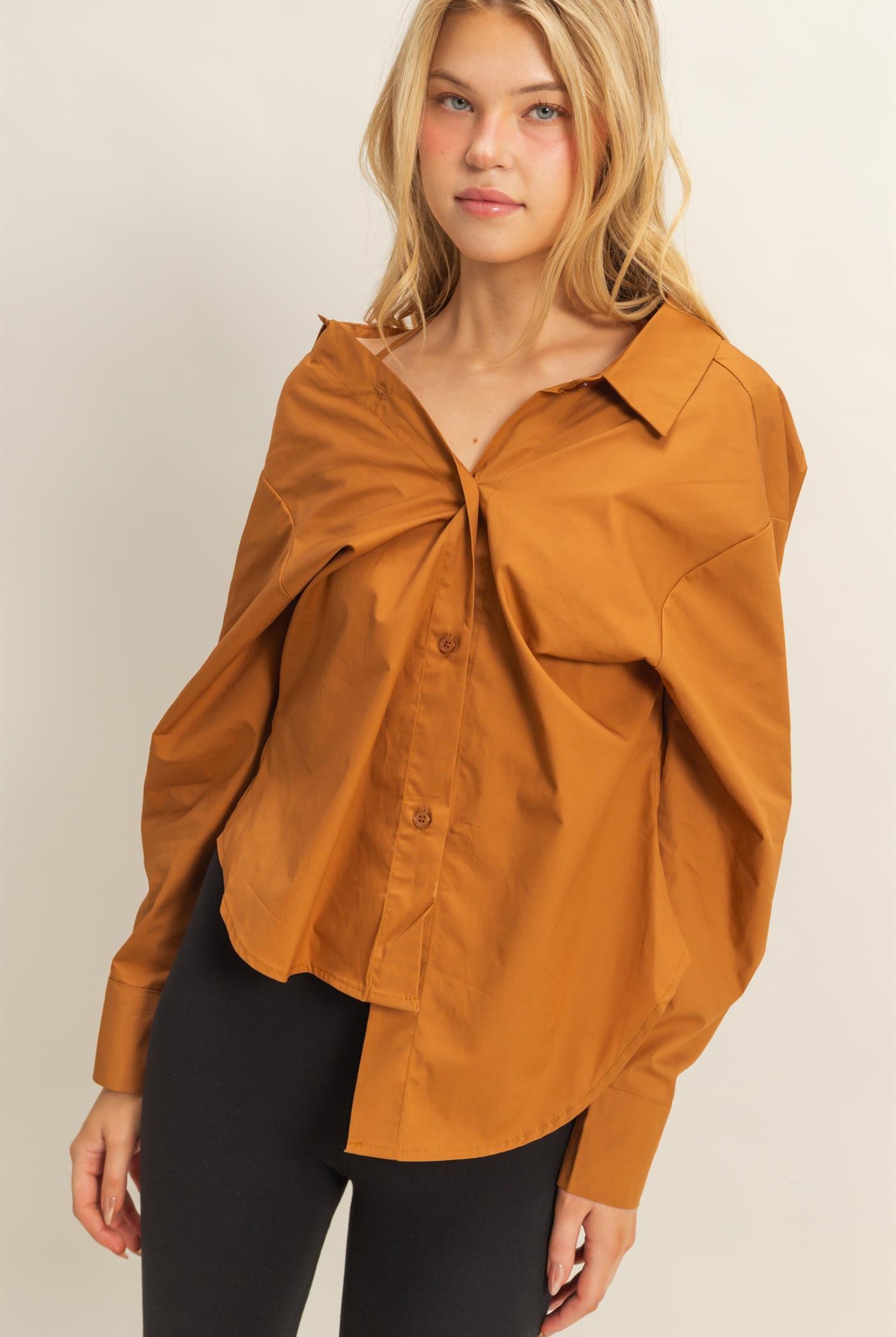 Wholesale Off-The-Shoulder Asymmetrcal Button-Up Shirt Clothing Tops HF22G139 CAMEL HYFVE