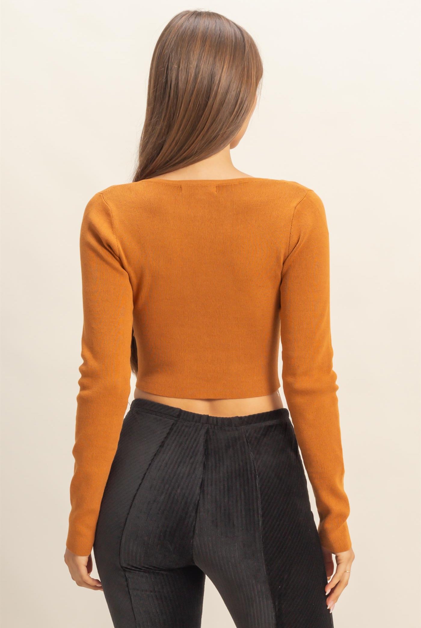 Wholesale Double Tie Cutout Crop Top Clothing Tops HF22C905 CAMEL HYFVE