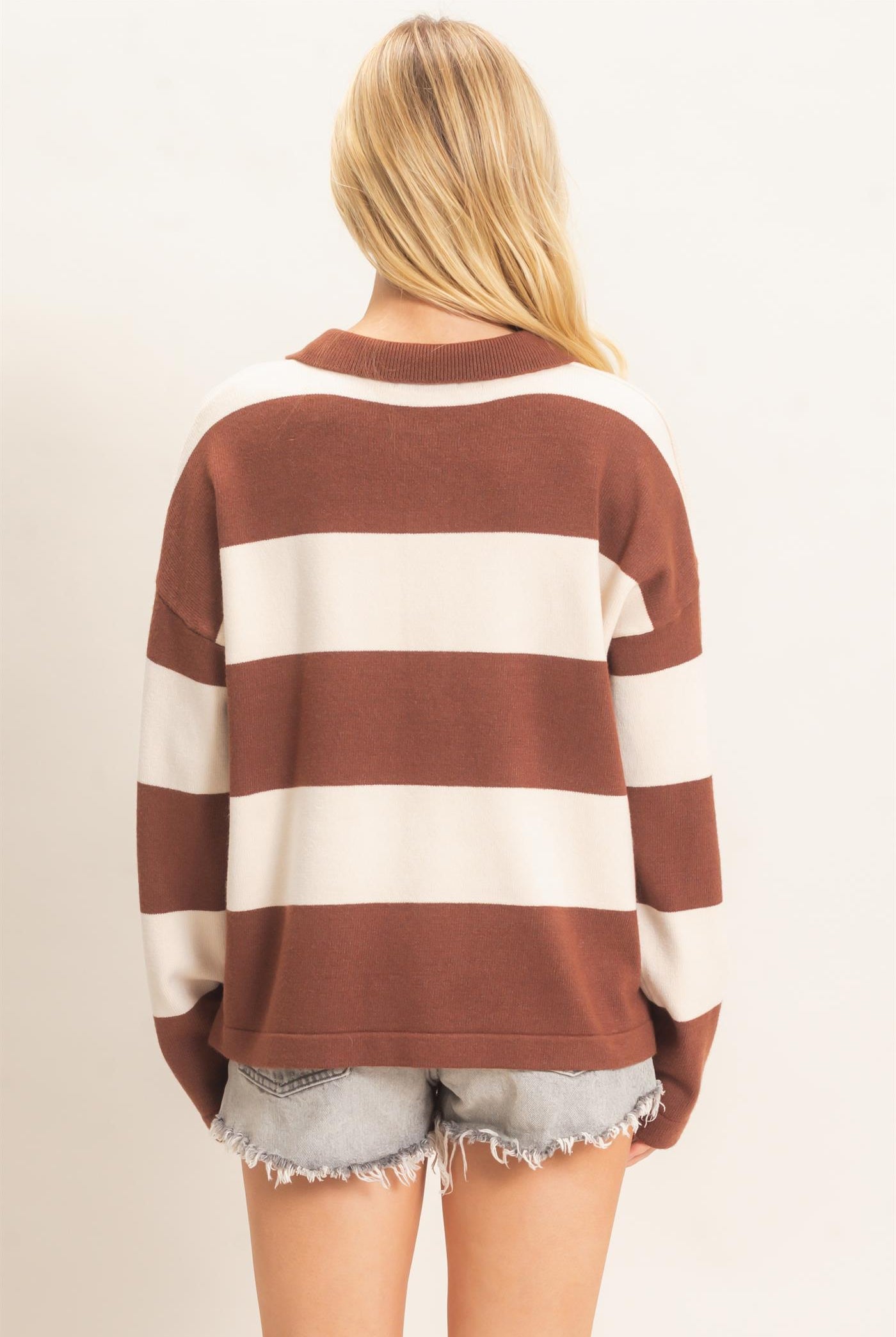 Wholesale Striped Button-Up Sweater Sweaters HF26F198 BROWN HYFVE