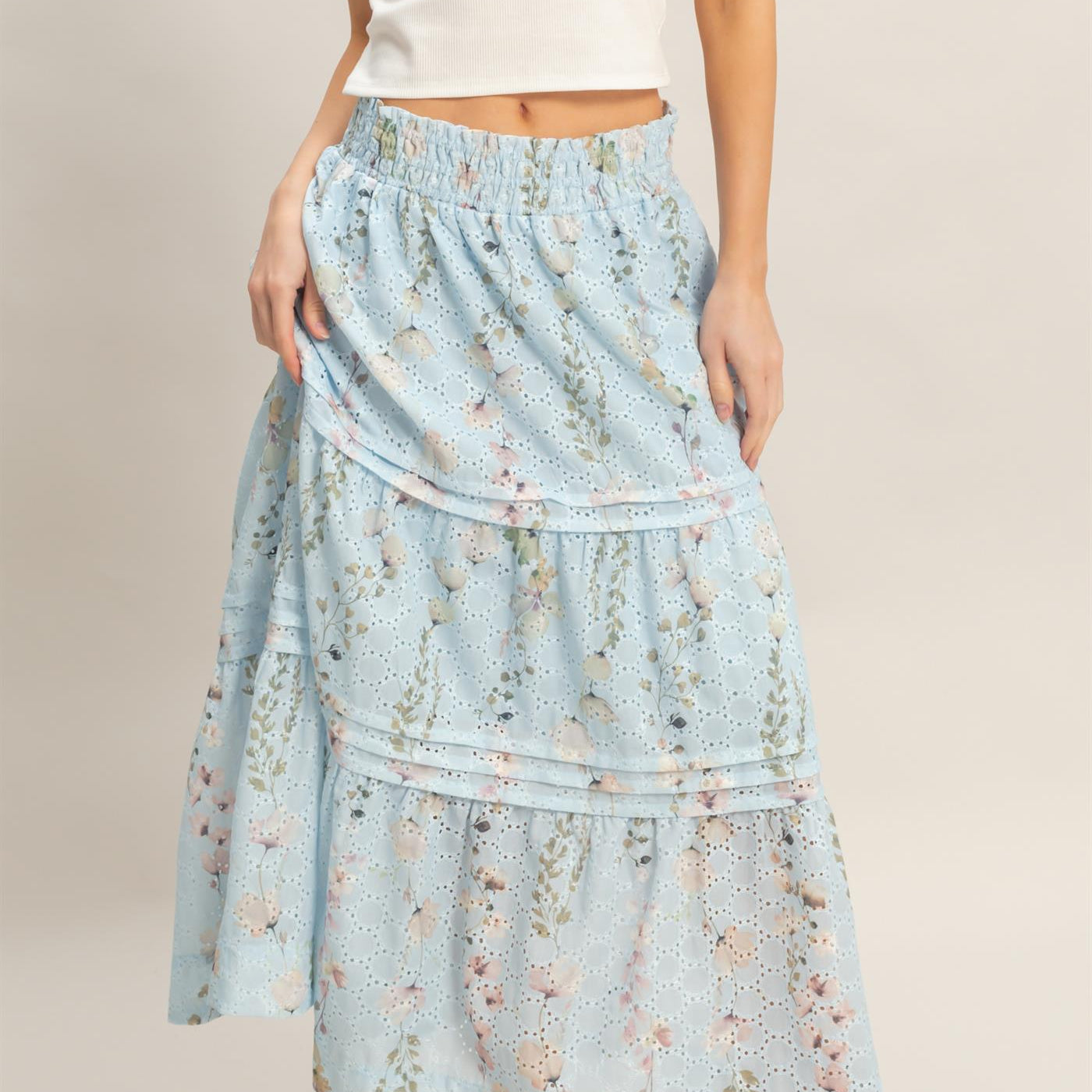 Wholesale Floral Smocked Waist Skirt Skirts HF26A361-D BLUE HYFVE