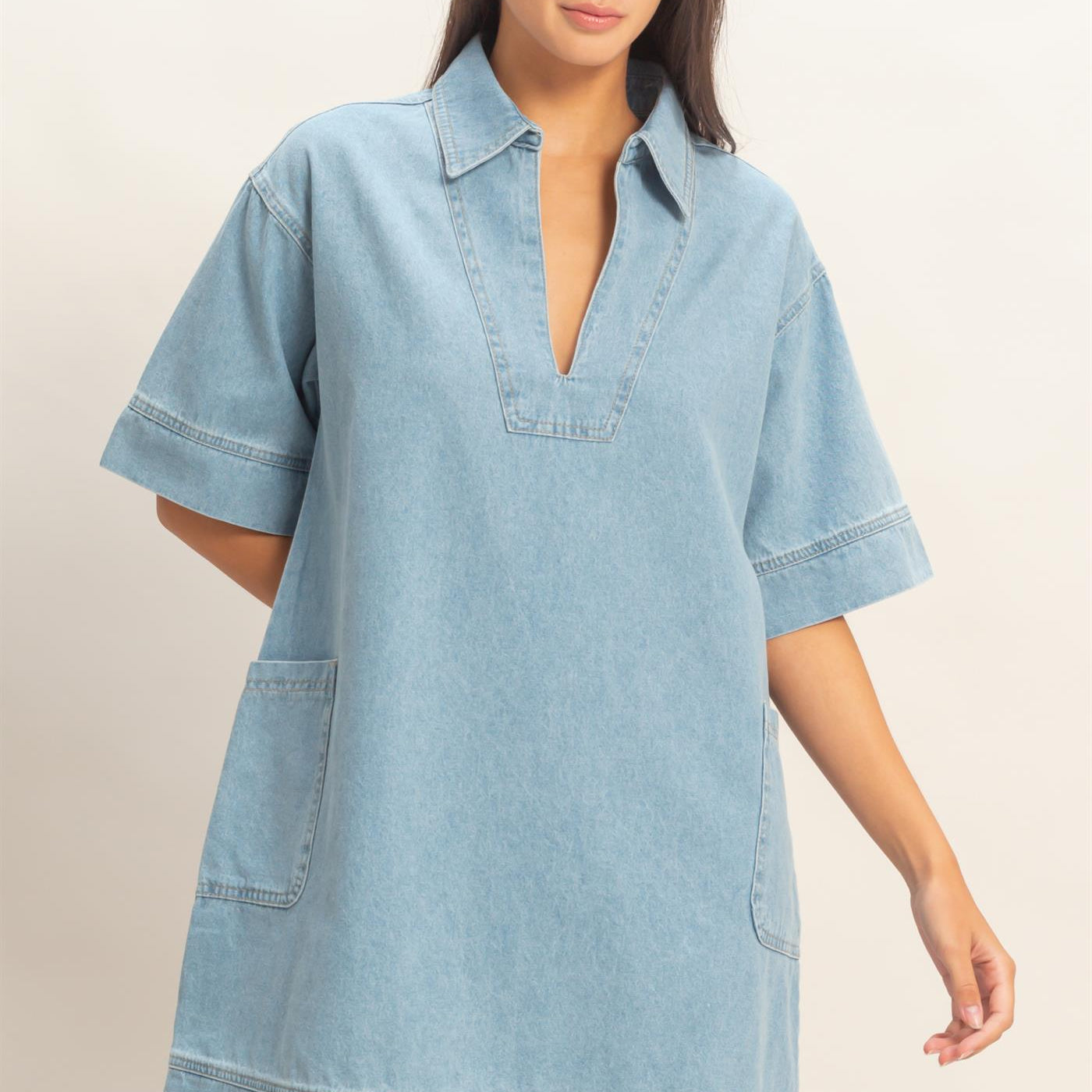 Wholesale Denim Collar Tunic Dress Dresses DZ25F163 LIGHT BLUE DOUBLE ZERO