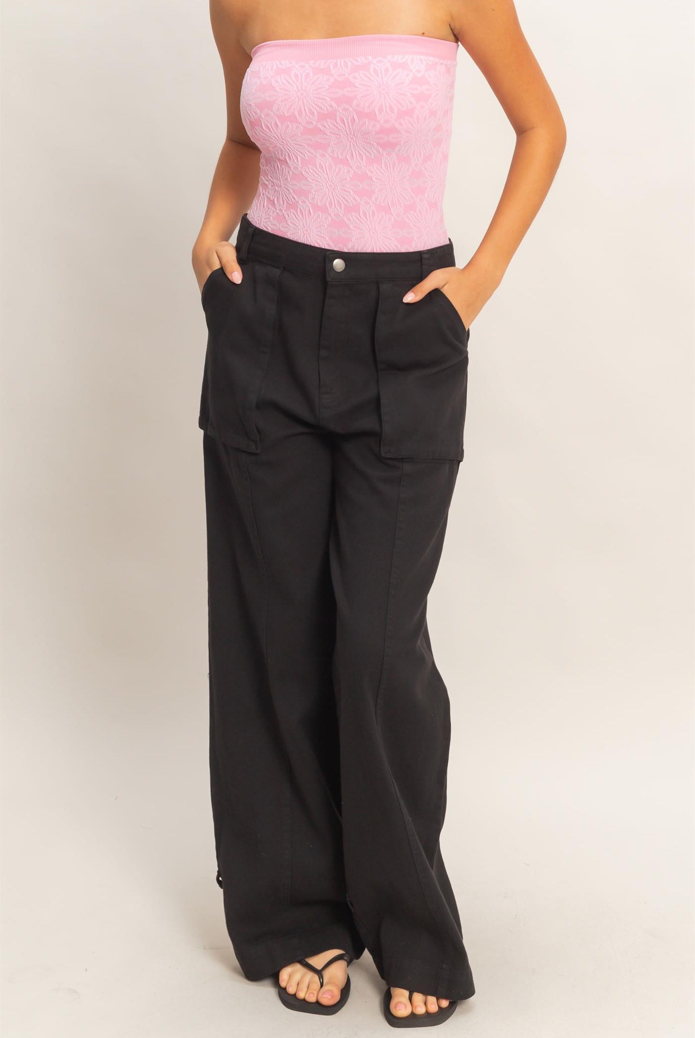 Wholesale High Rise Cargo Pants With Ankle Ties Pants DZ24C156 BLACK DOUBLE ZERO