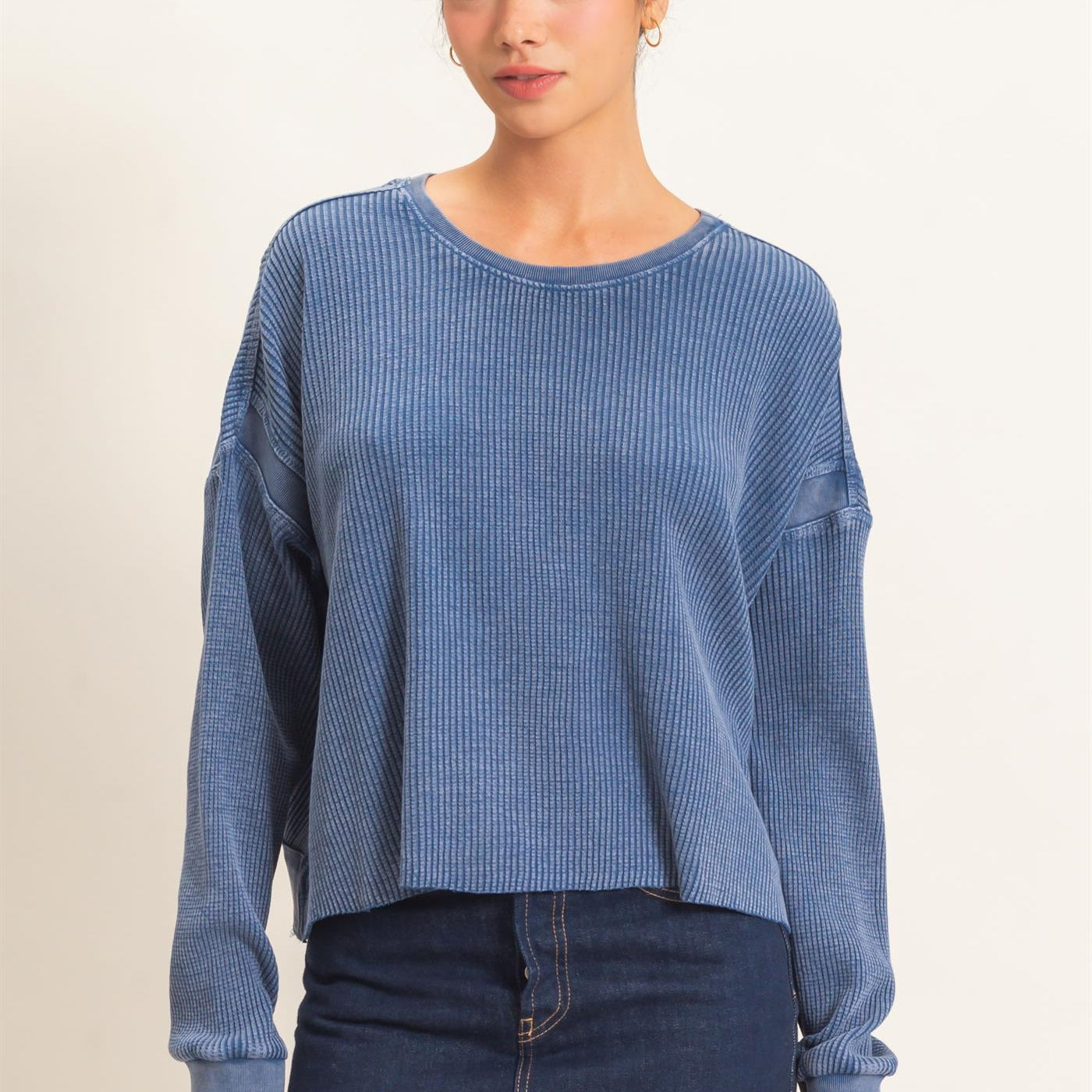 Wholesale Mineral Wash Waffle Open Back Top Clothing Tops DZ26C964 NAVY DOUBLE ZERO