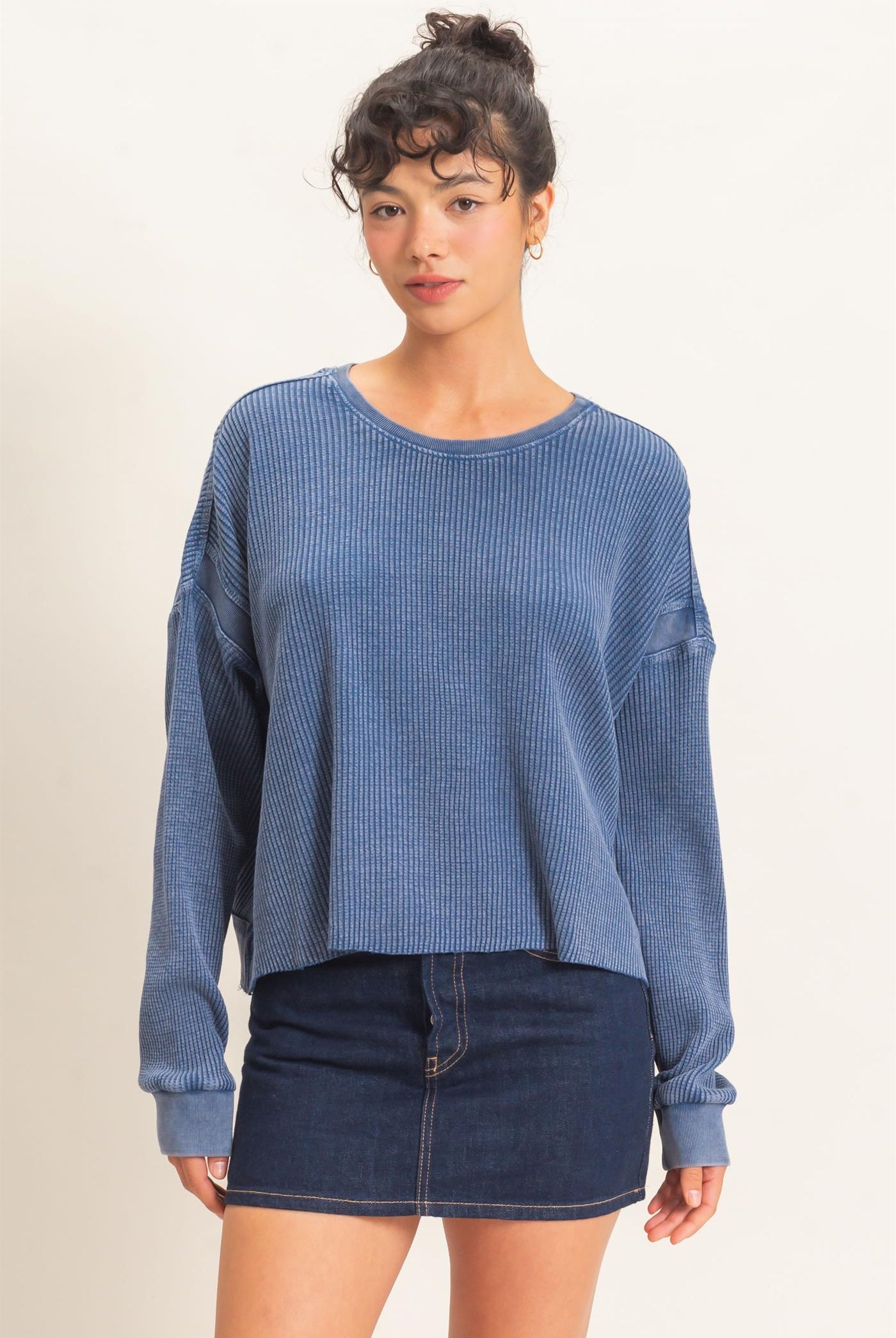Wholesale Mineral Wash Waffle Open Back Top Clothing Tops DZ26C964 NAVY DOUBLE ZERO