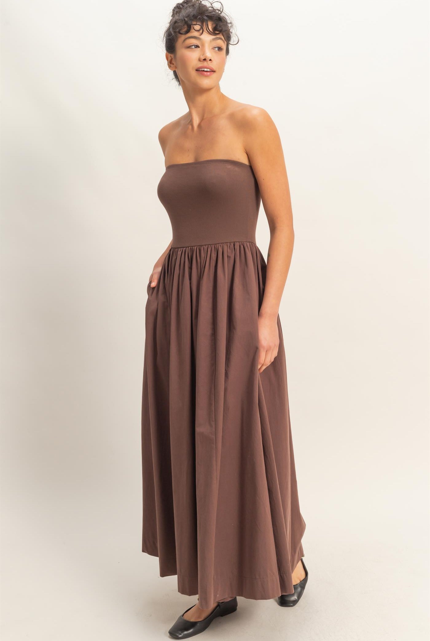Wholesale Strapless Flowy Midi Dress Dresses DZ26A744 CHOCOLATE DOUBLE ZERO