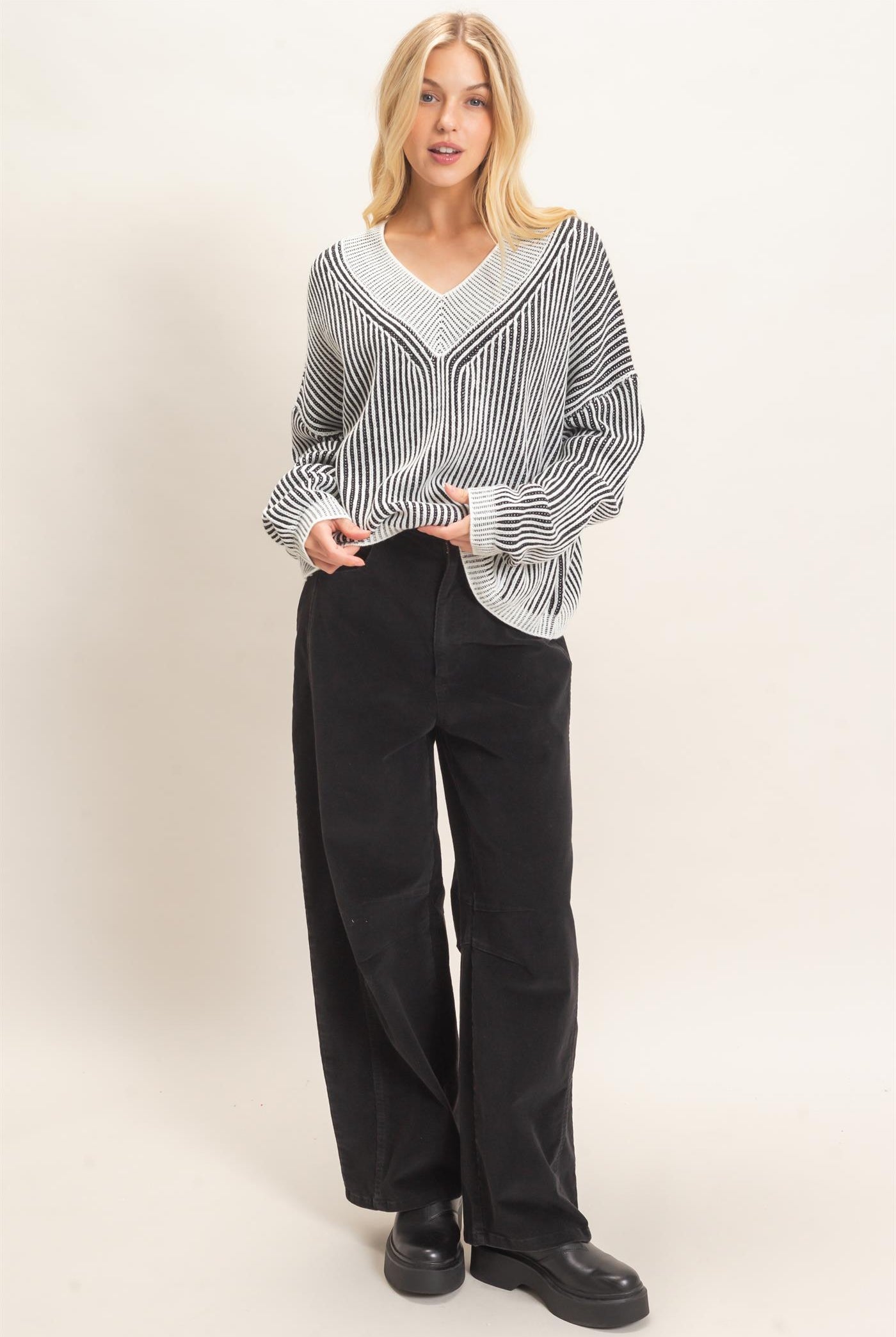 Wholesale Striped V-Neck Ribbed Sweater Sweaters HF26F202 BLACK HYFVE