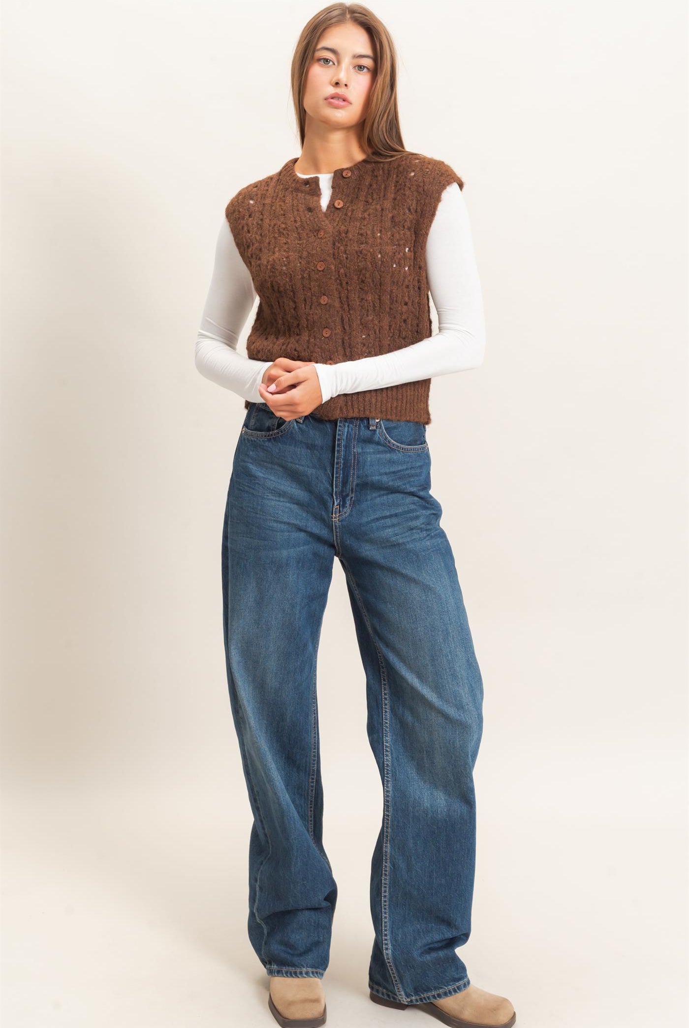 Wholesale Open Knit Sleeveless Button Front Sweater Vest Sweaters DZ26A829 BROWN DOUBLE ZERO