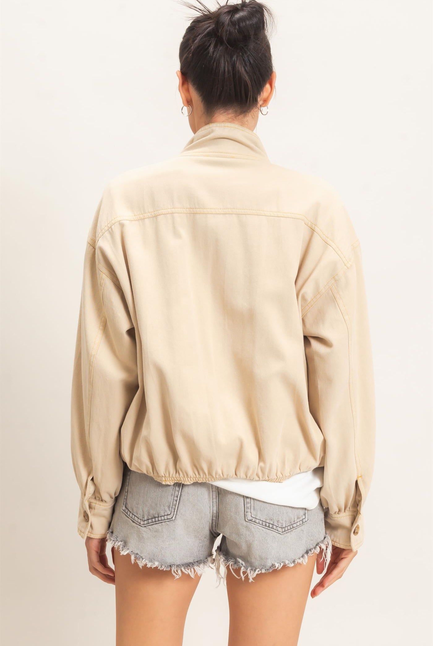Wholesale High Collar Denim Bomber Jacket Coats & Jackets HF26E090-D BEIGE HYFVE