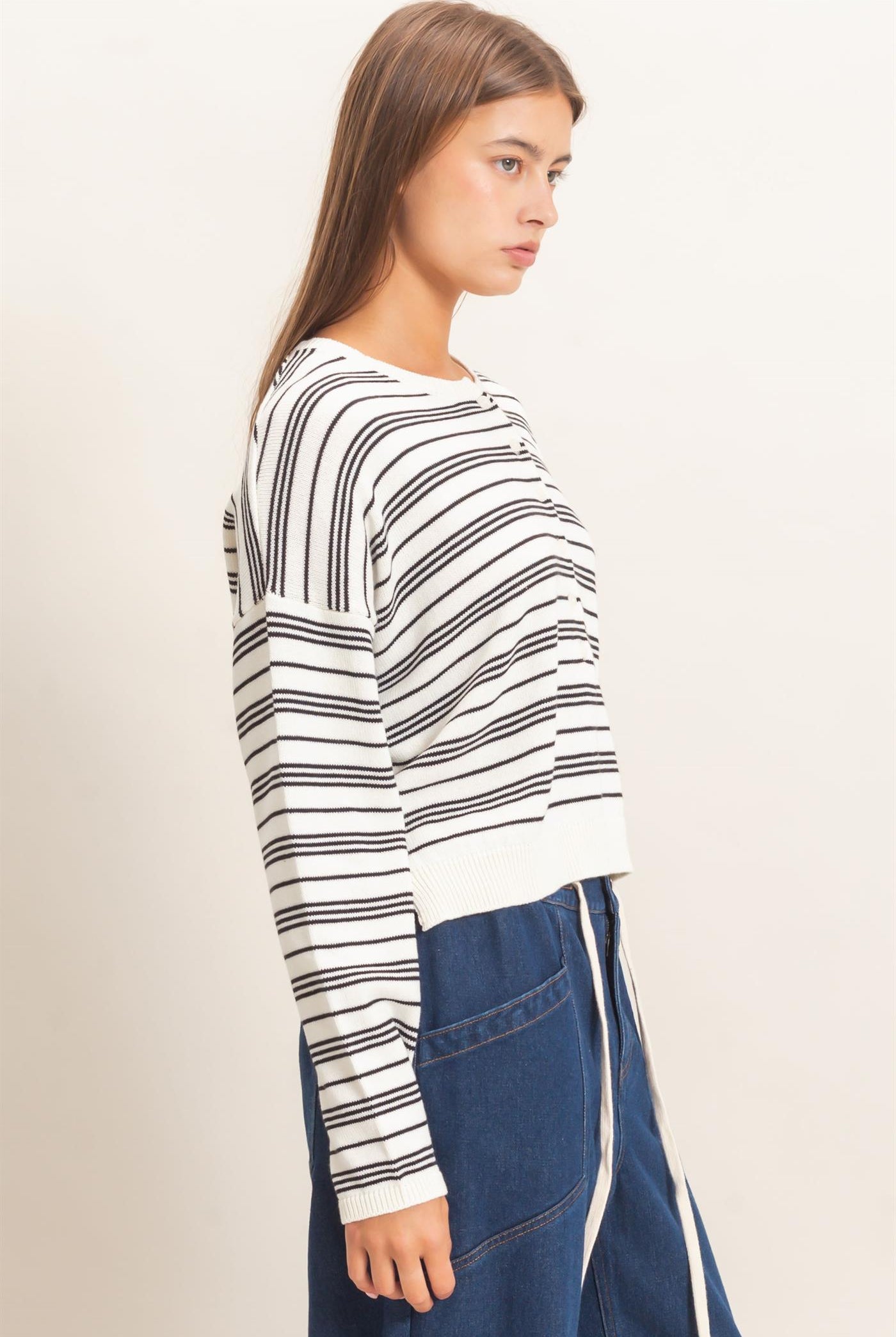 Wholesale Striped Henley Sweater Sweaters DZ26E113 CREAM DOUBLE ZERO
