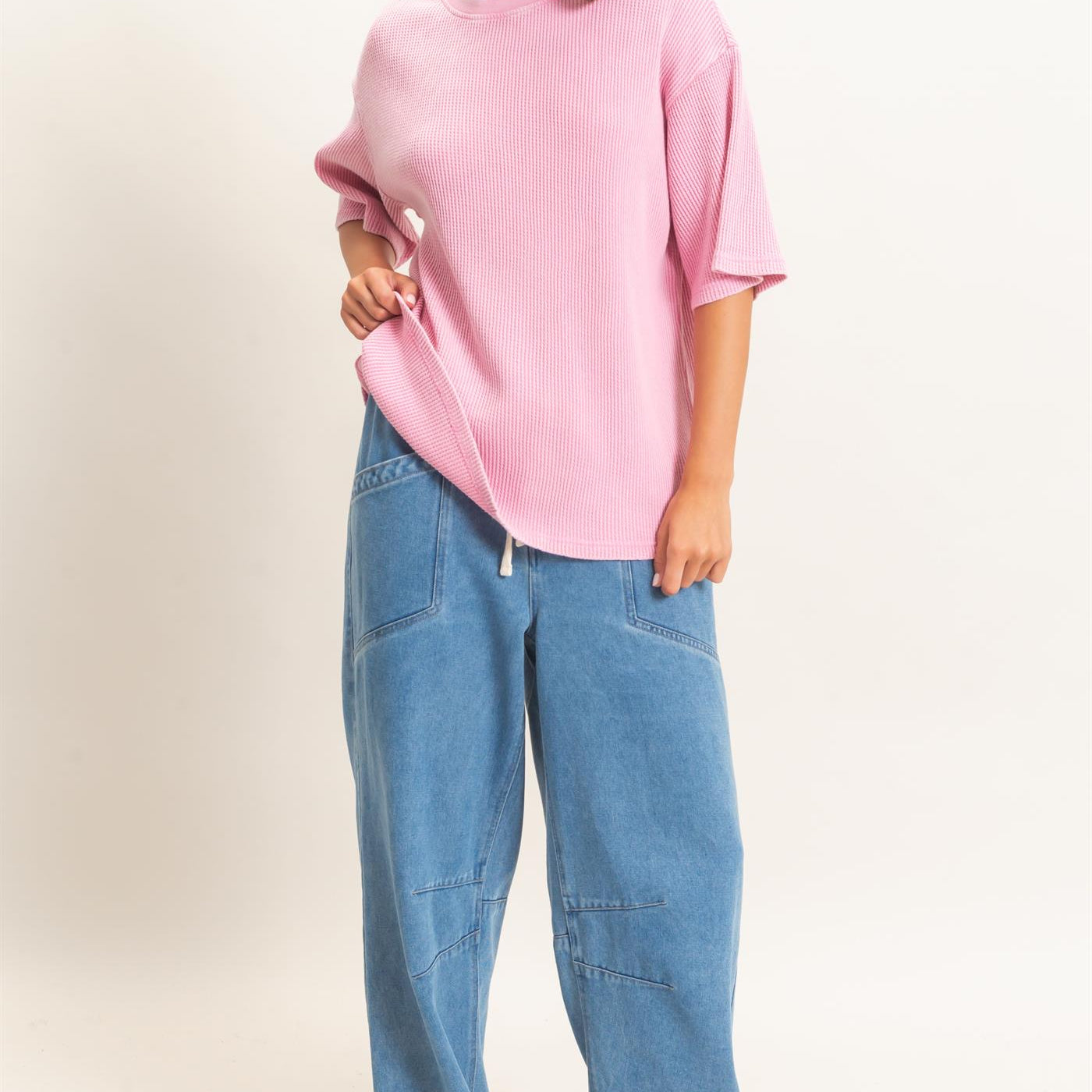 Wholesale Mineral Wash Waffle Crew Neck Short Sleeve Top Clothing Tops DZ26E328 PINK DOUBLE ZERO