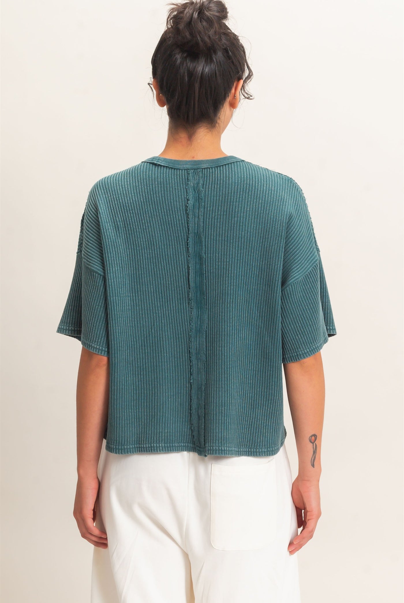 Wholesale Mineral Wash Waffle Knit Pocket Top Clothing Tops DZ26E222 DARK TEAL DOUBLE ZERO