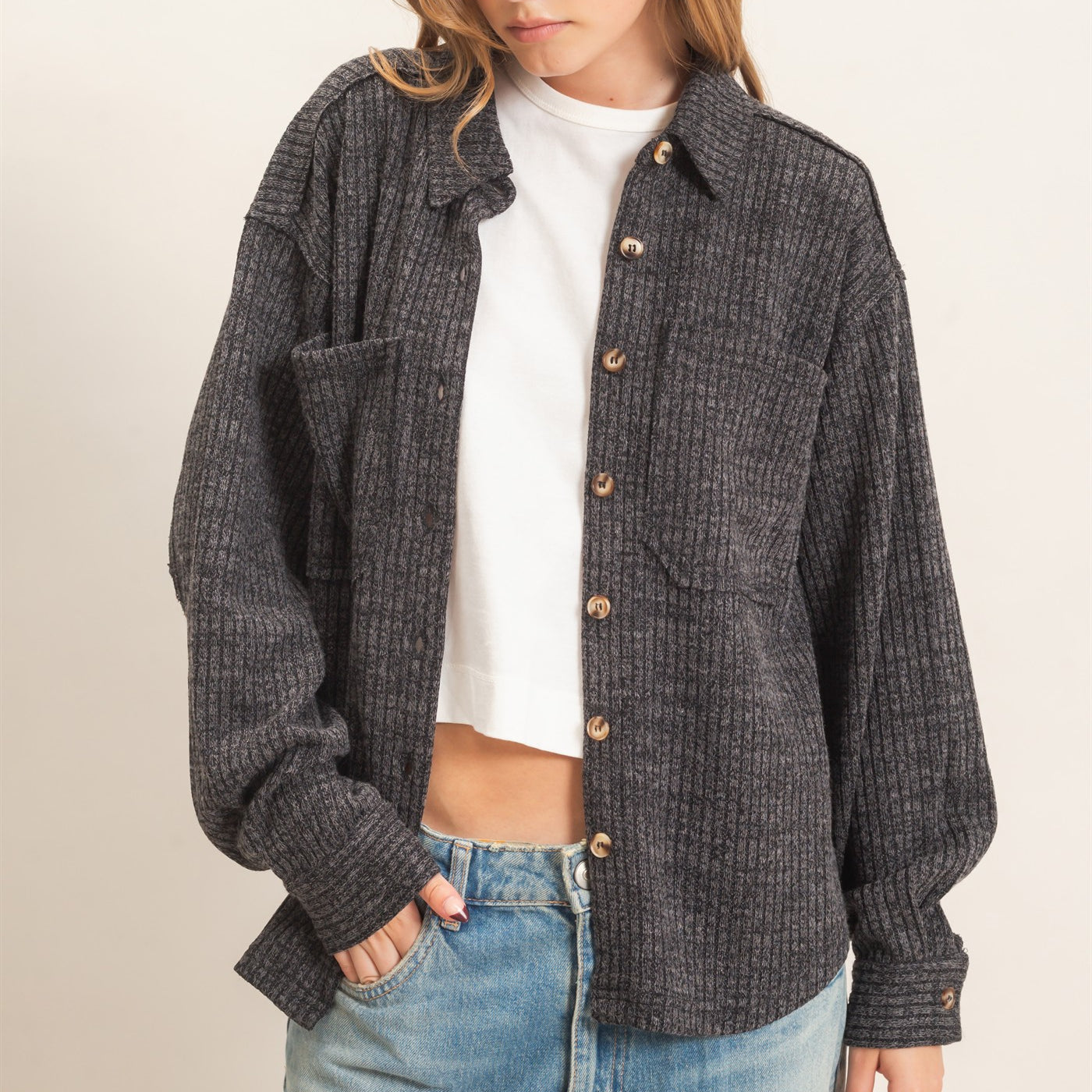 Wholesale Corduroy Button-Up Shirt Shirts HF26F138 BLACK HYFVE